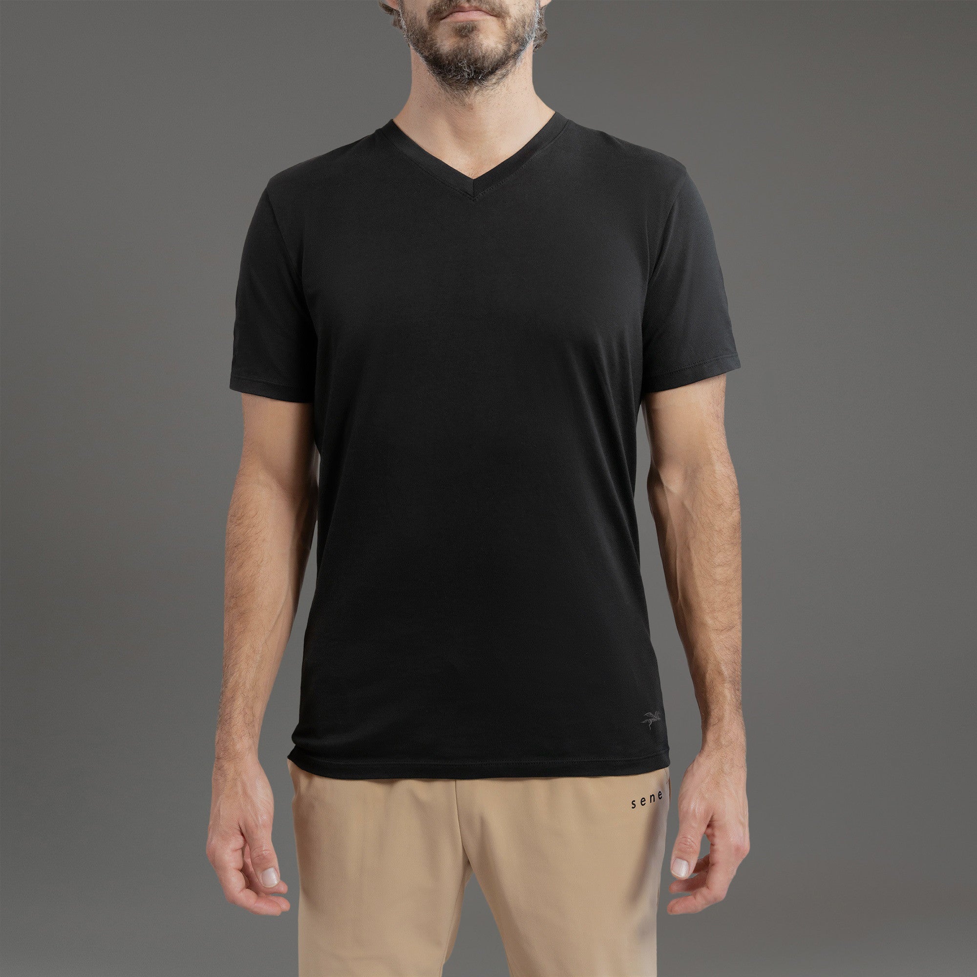 custom v-neck t-shirt los angeles model John in Black