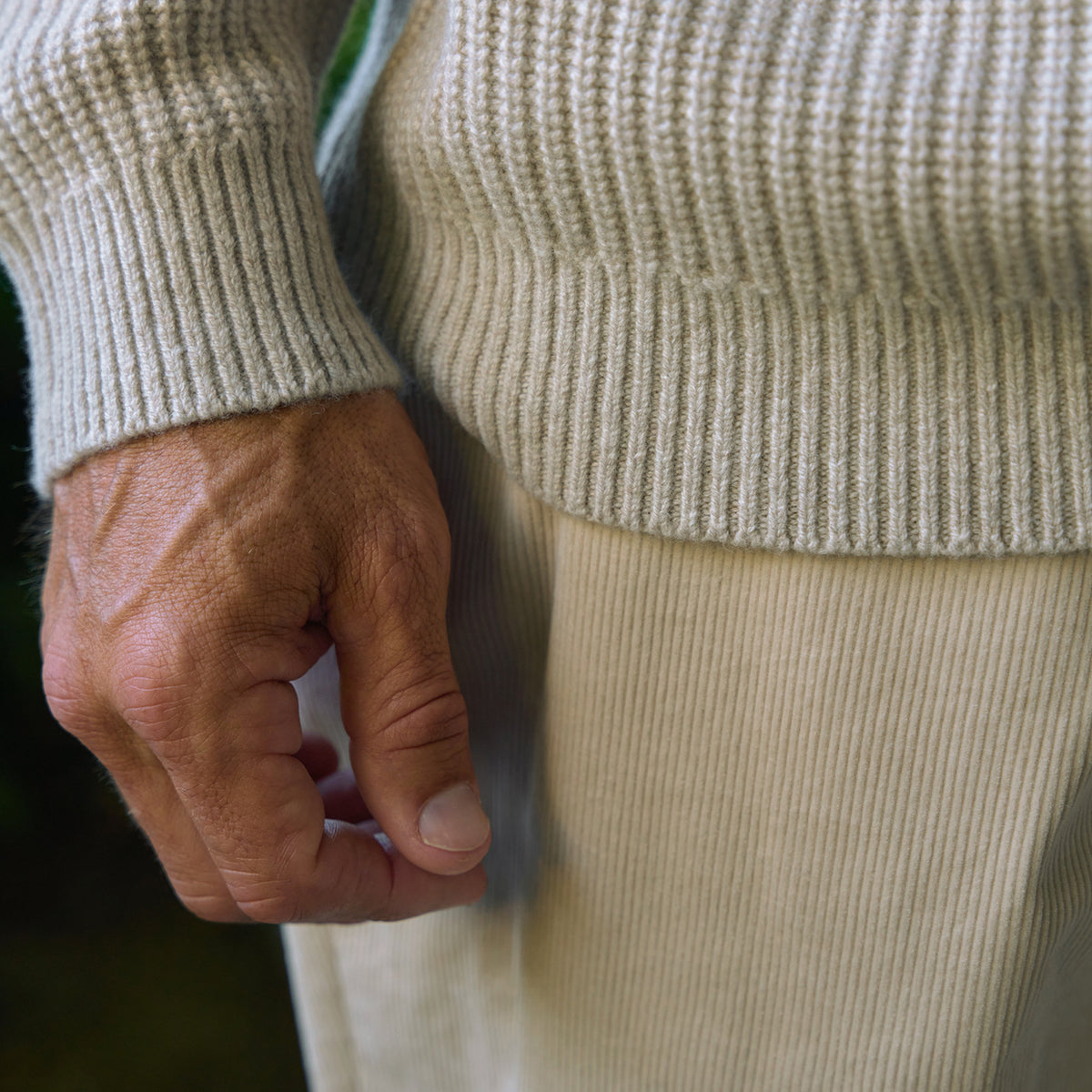 Knit Crewneck Sweater model Tyler in Sandstone