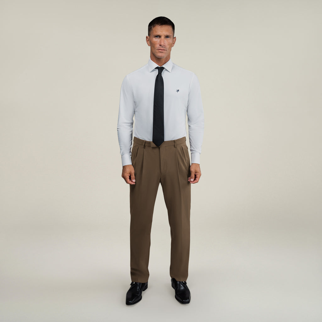 Tags:(6'0"|180 lbs) Bespoke custom athleisure technical men's suit los angeles model Tyler in Teak