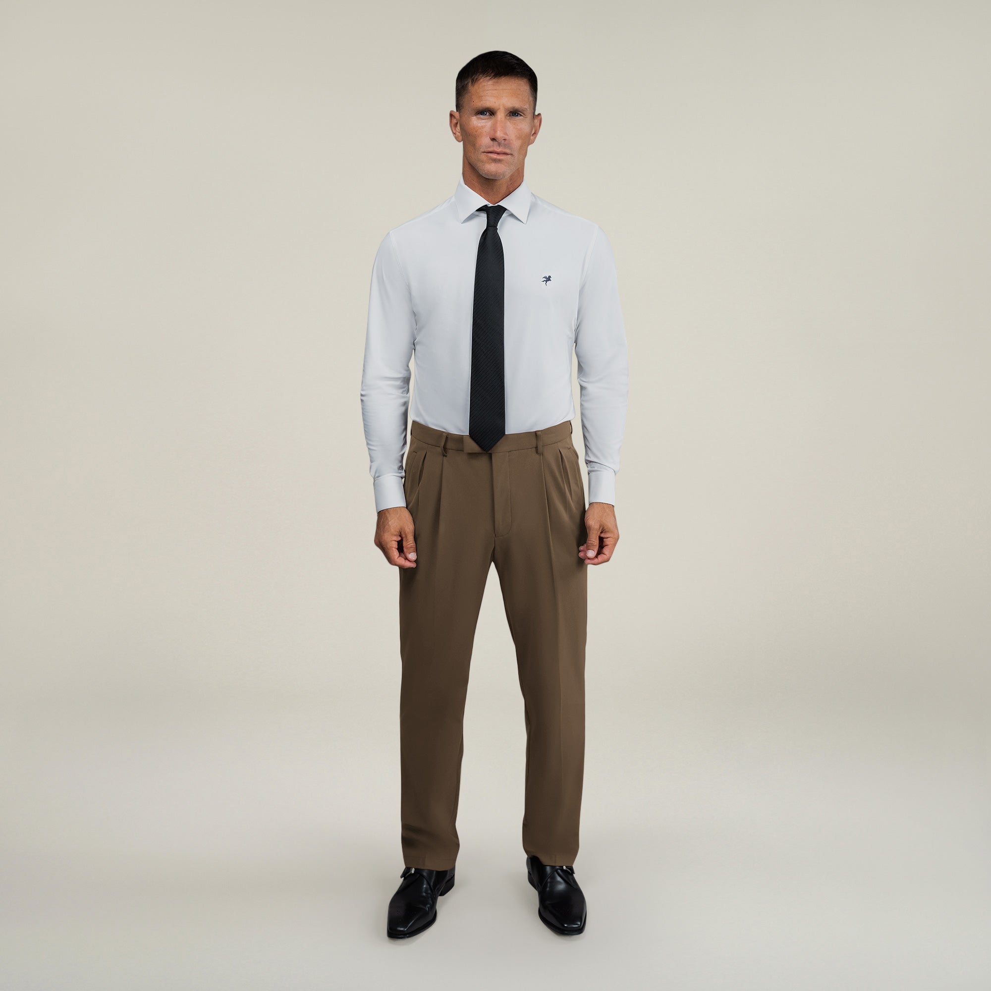 Tags:(6'0"|180 lbs) Bespoke custom athleisure technical men's suit los angeles model Tyler in Teak