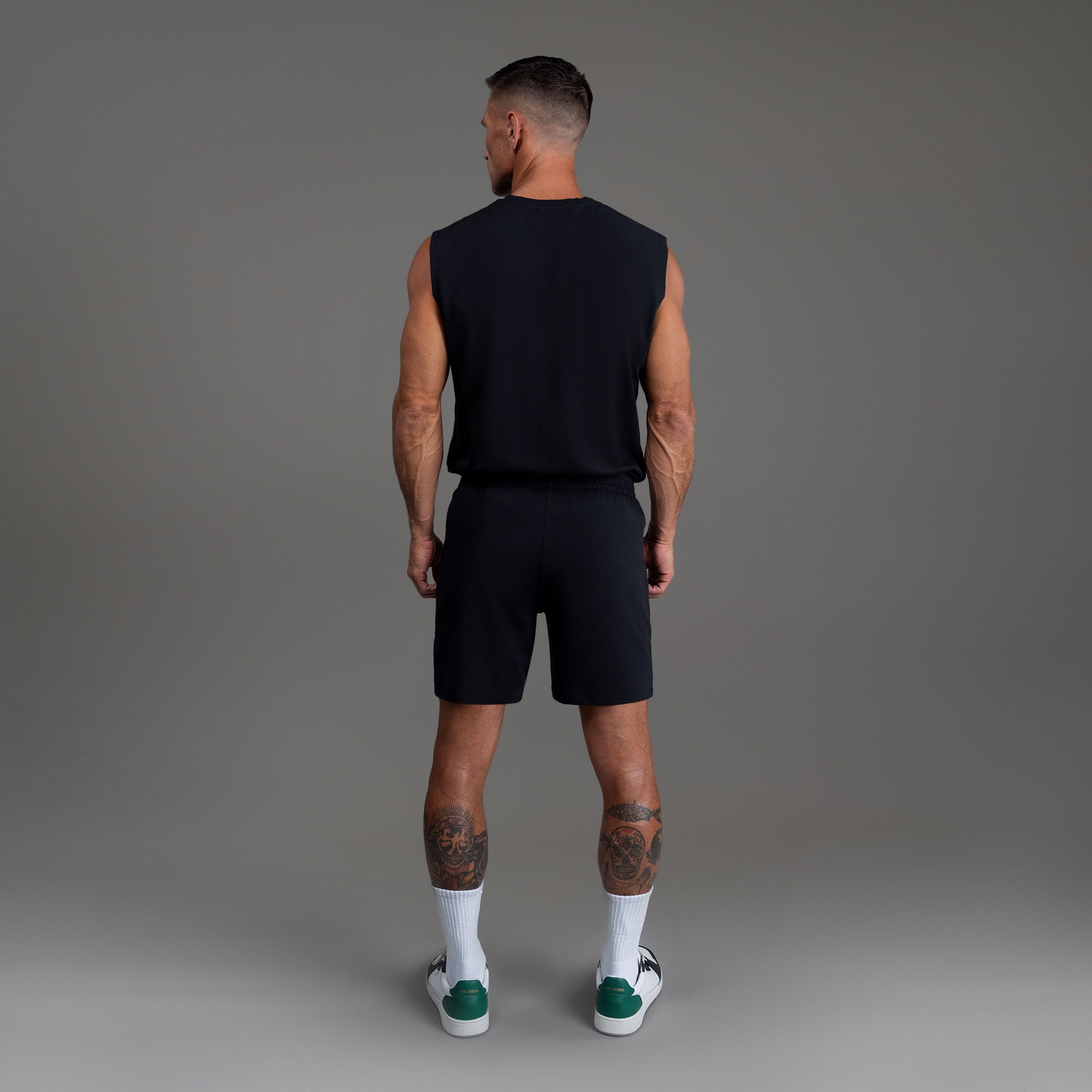 Custom bespoke shorts athleisure athletic build model Tyler in Black
