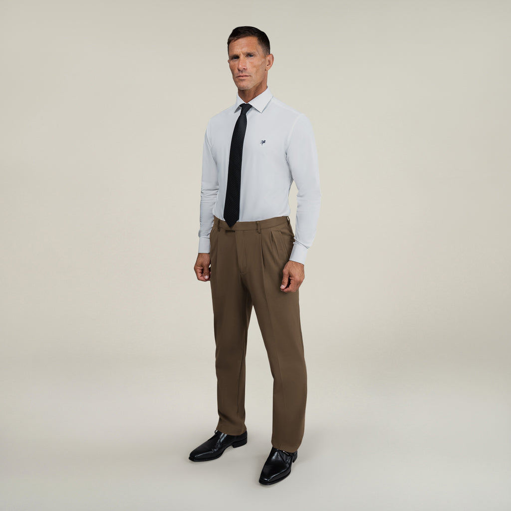 Tags:(6'0"|180 lbs) Bespoke custom athleisure technical men's suit los angeles model Tyler in Teak