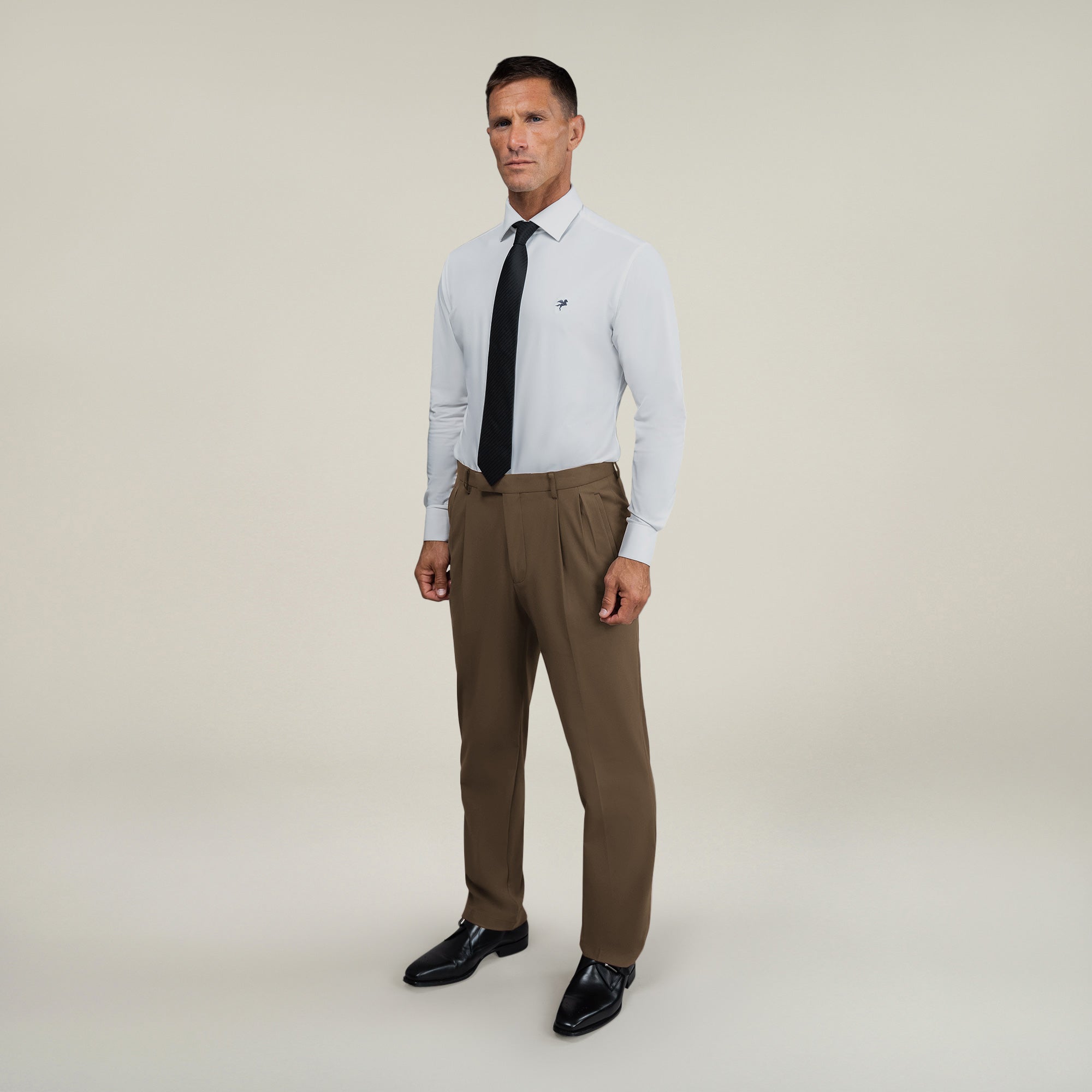 Tags:(6'0"|180 lbs) Bespoke custom athleisure technical men's suit los angeles model Tyler in Teak