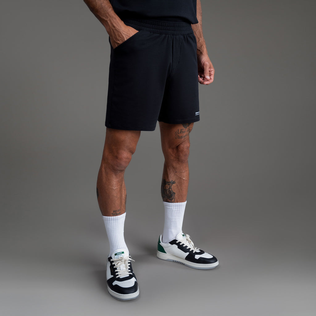 Custom bespoke shorts athleisure athletic build model Tyler in Black