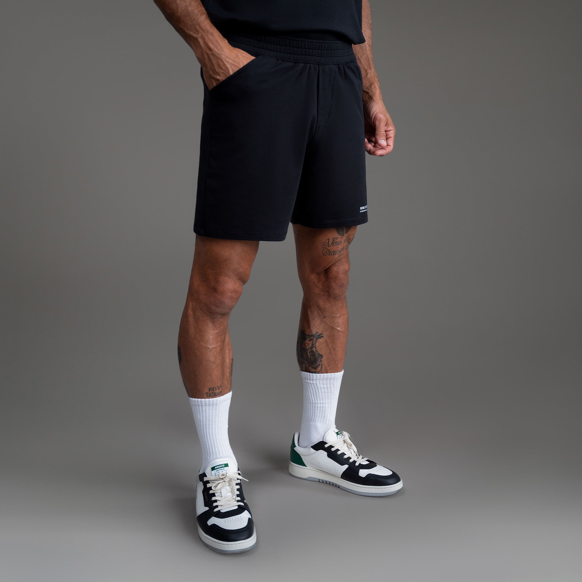 Custom bespoke shorts athleisure athletic build model Tyler in Black