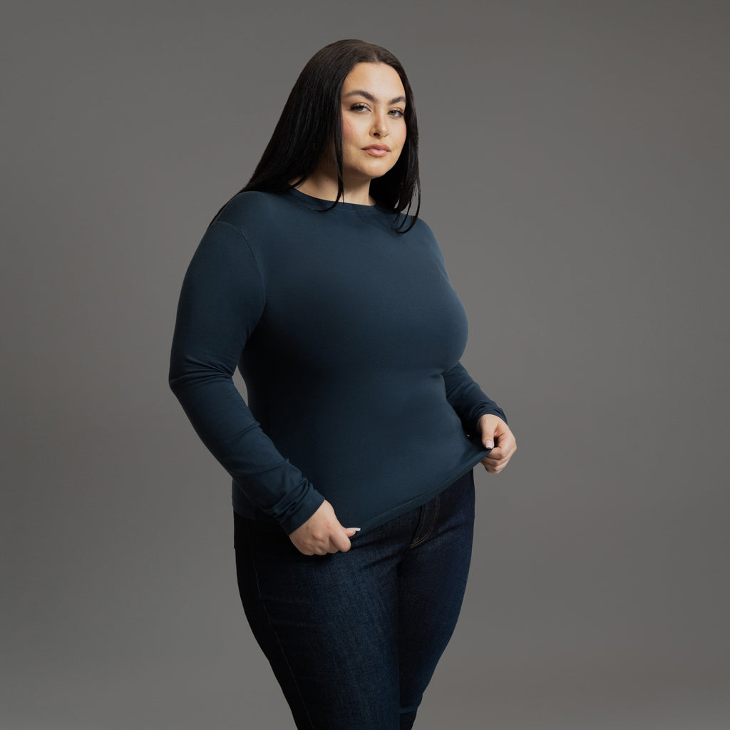 Custom longsleeve t-shirt on model Averi in Deep Sea