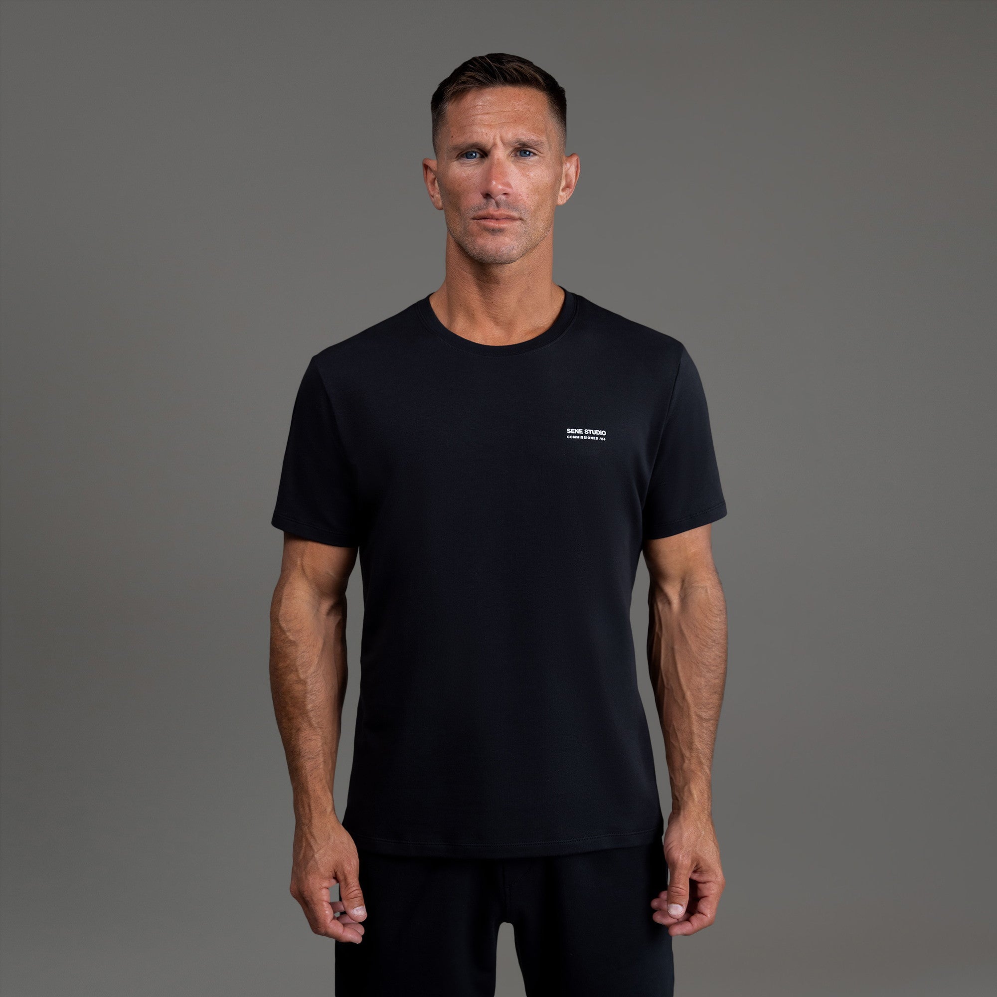 Tags:(6'0" - 180 lbs|Medium) custom t-shirt tee model Tyler in Black