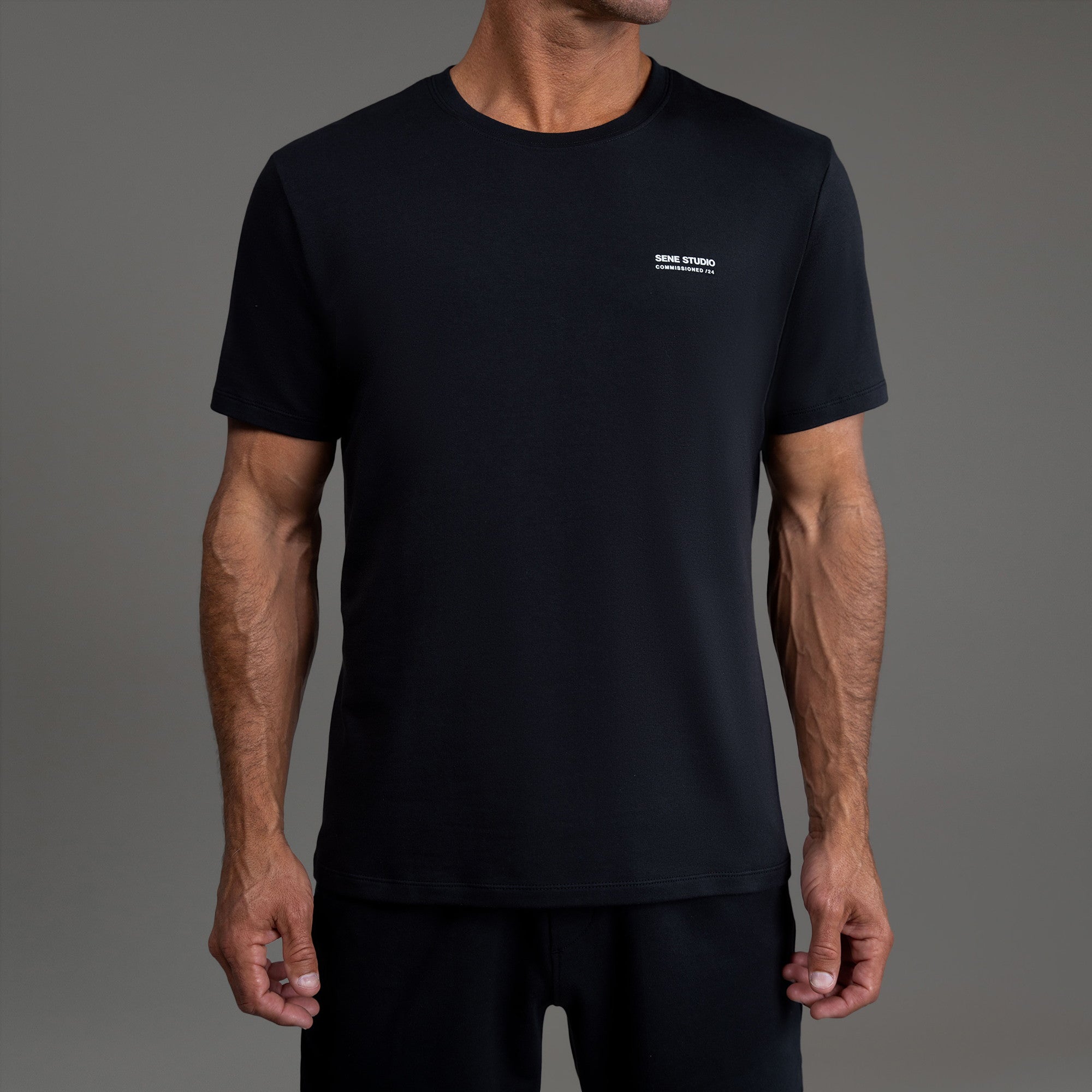 Tags:(6'0" - 180 lbs|Medium) custom t-shirt tee model Tyler in Black
