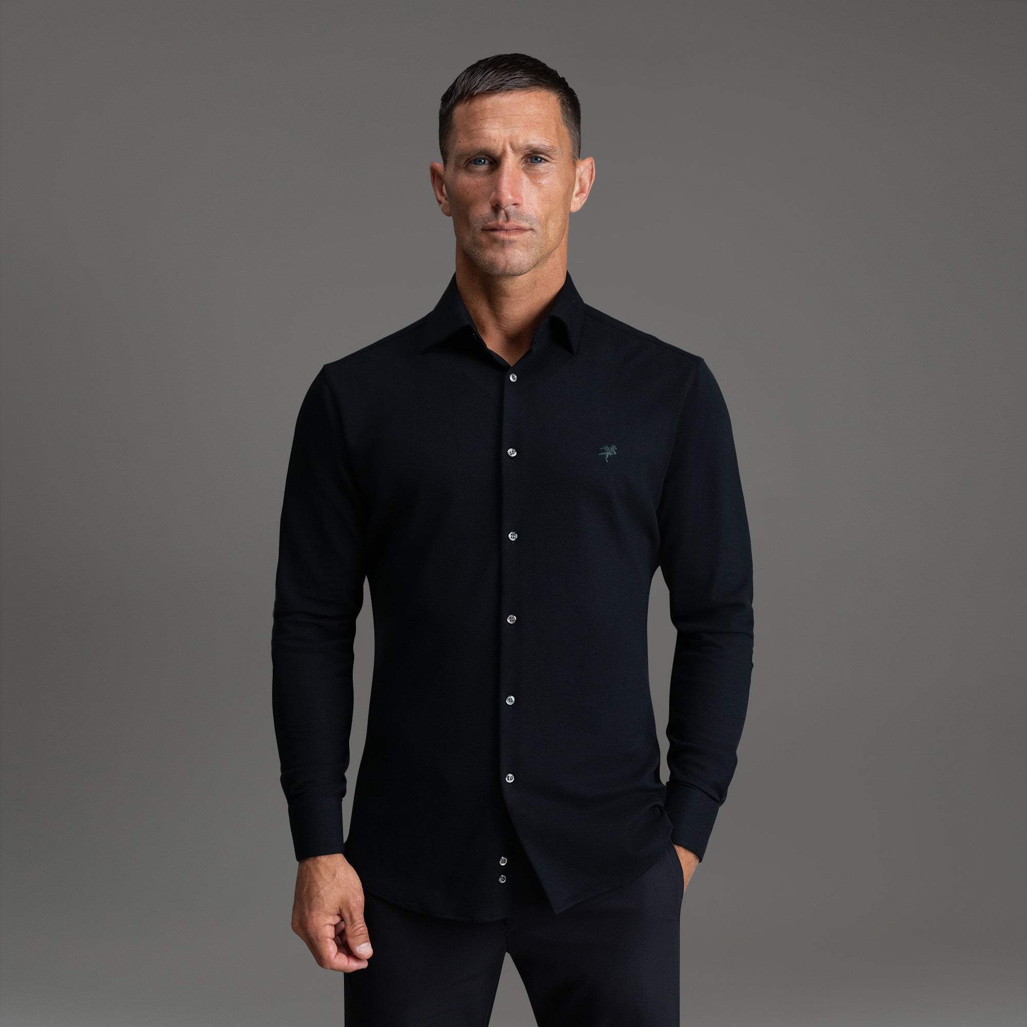 Custom Bespoke Tailored Spread Shirt model Tyler in Black Emblem