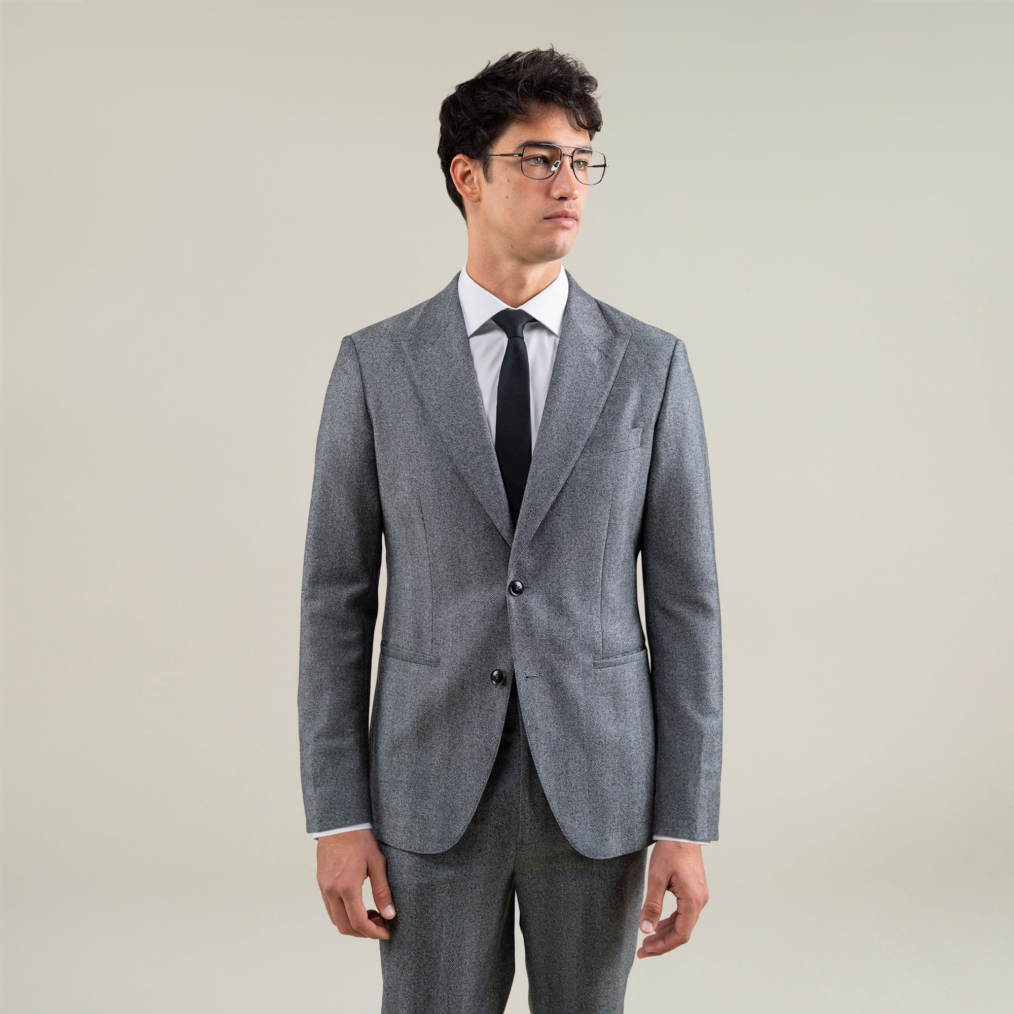 Tags:(6'1"|165) Custom Peak Lapel Tuxedo model Jessey in Gray Herringbone