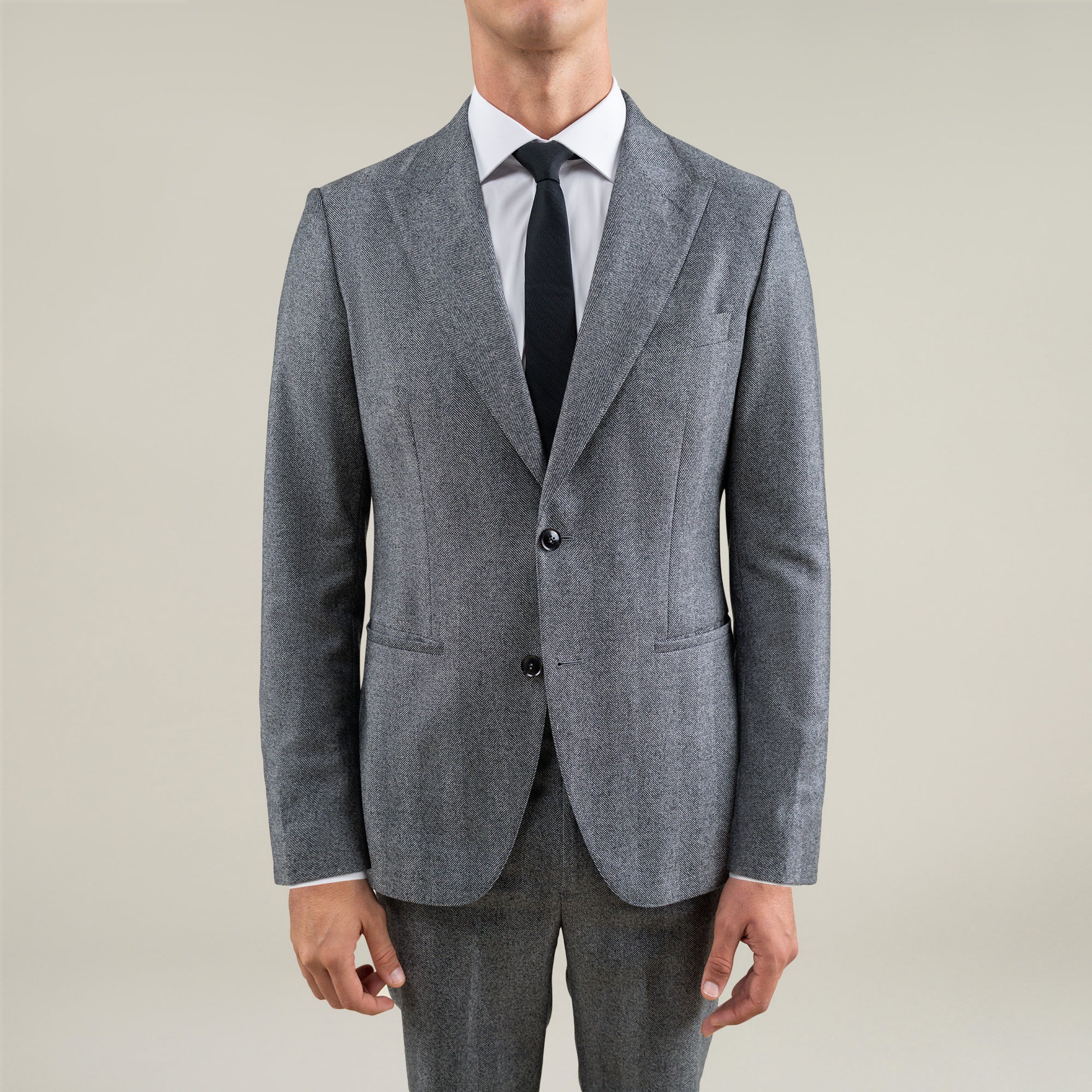 Tags:(6'1"|165) Custom Peak Lapel Tuxedo model Jessey in Gray Herringbone