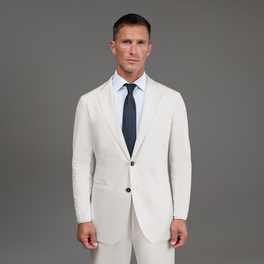 Bespoke custom athleisure technical men's suit los angeles model Tyler in Cream