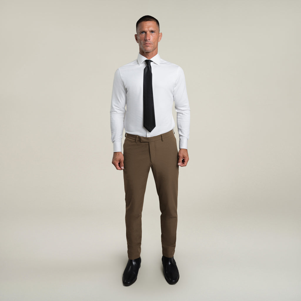Tags:(6'0"|180 lbs) Bespoke custom athleisure technical men's suit los angeles model Tyler in Teak