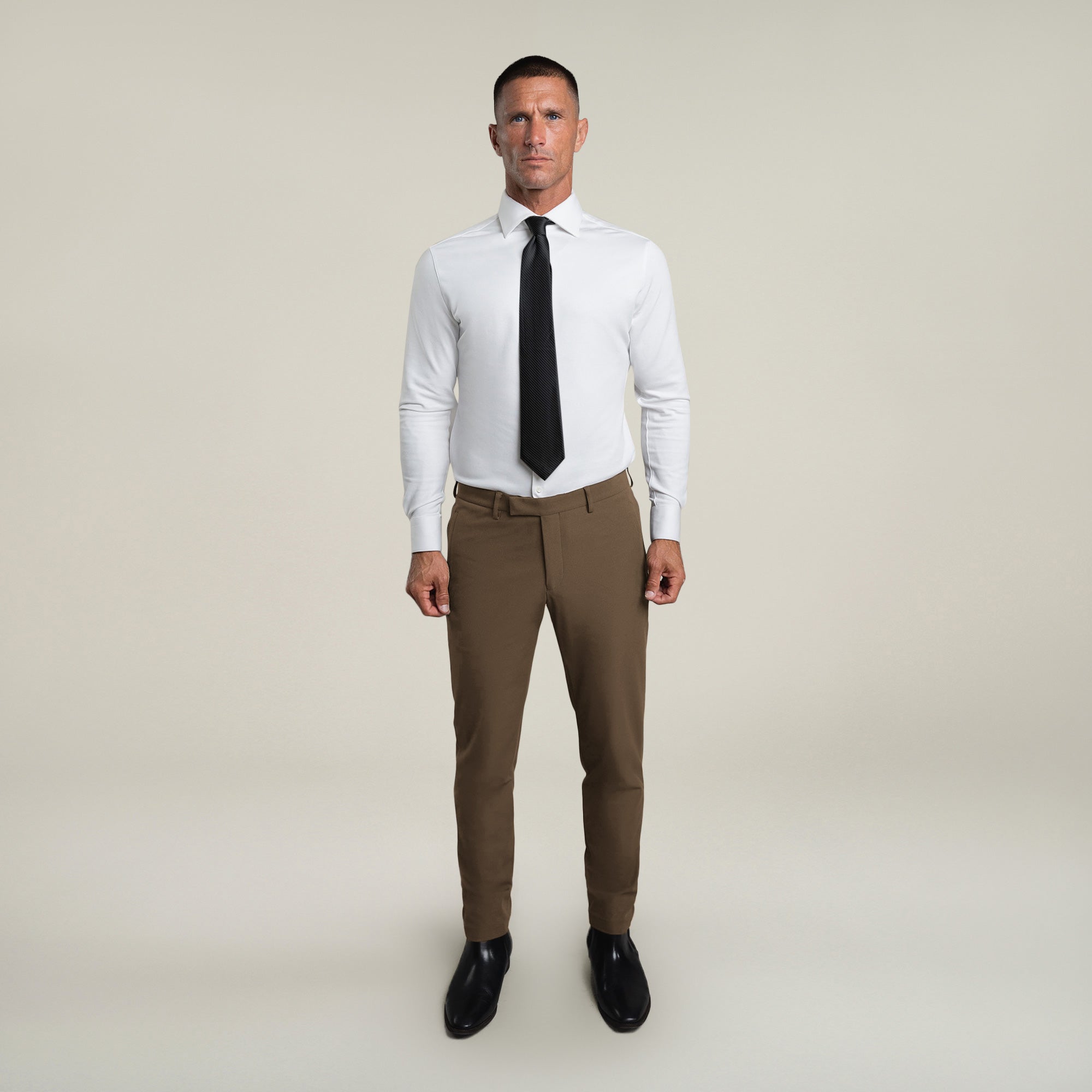 Tags:(6'0"|180 lbs) Bespoke custom athleisure technical men's suit los angeles model Tyler in Teak