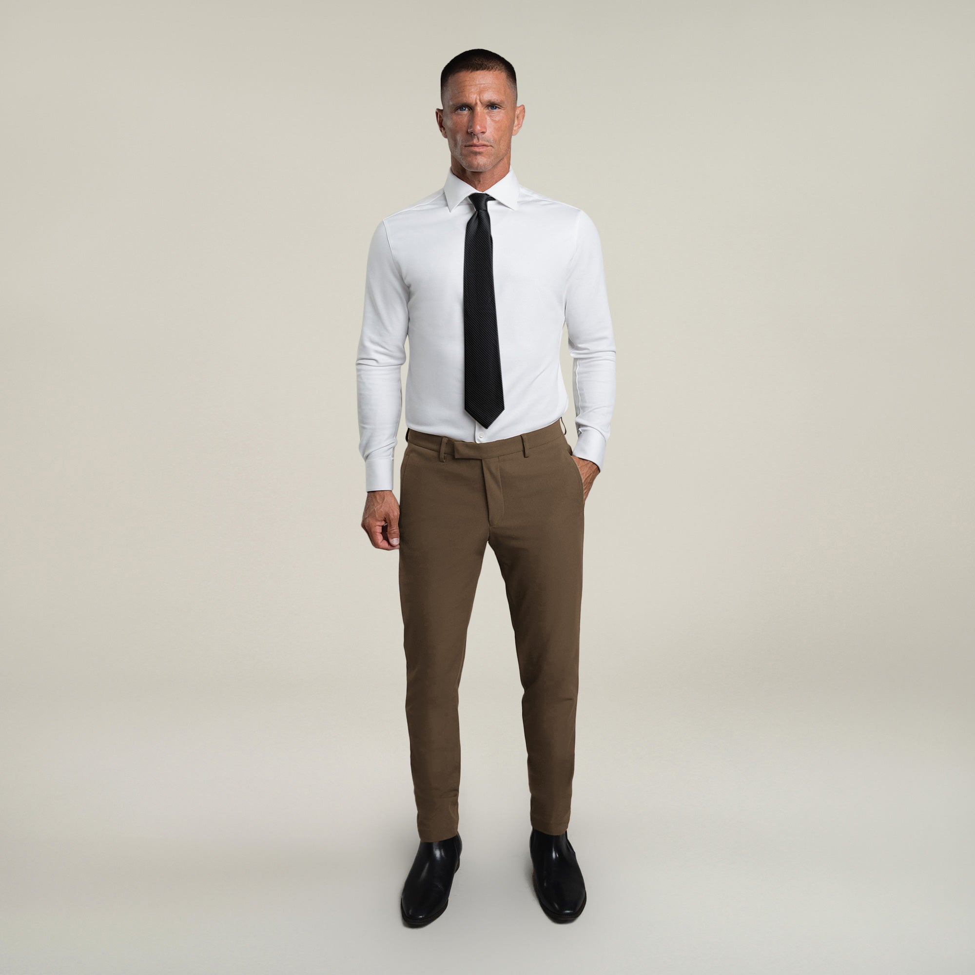 Tags:(6'0"|180 lbs) Bespoke custom athleisure technical men's suit los angeles model Tyler in Teak