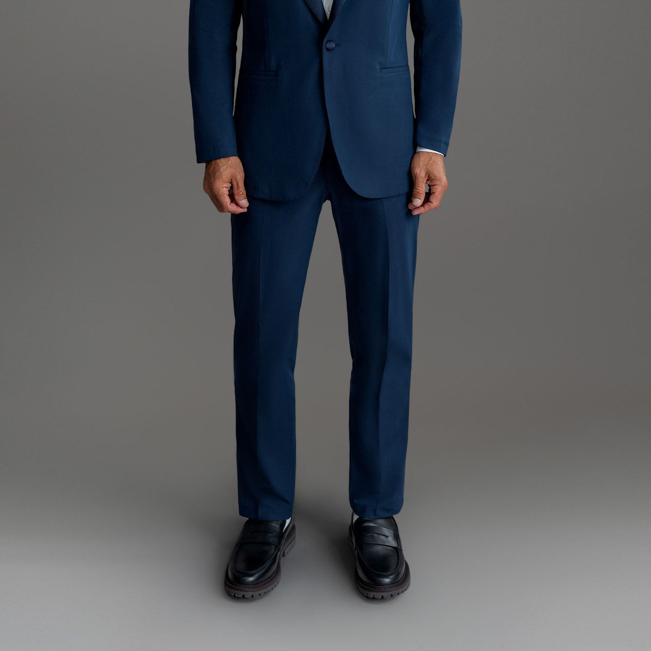 Custom FlexTech Tuxedo Pants model Tyler in Navy
