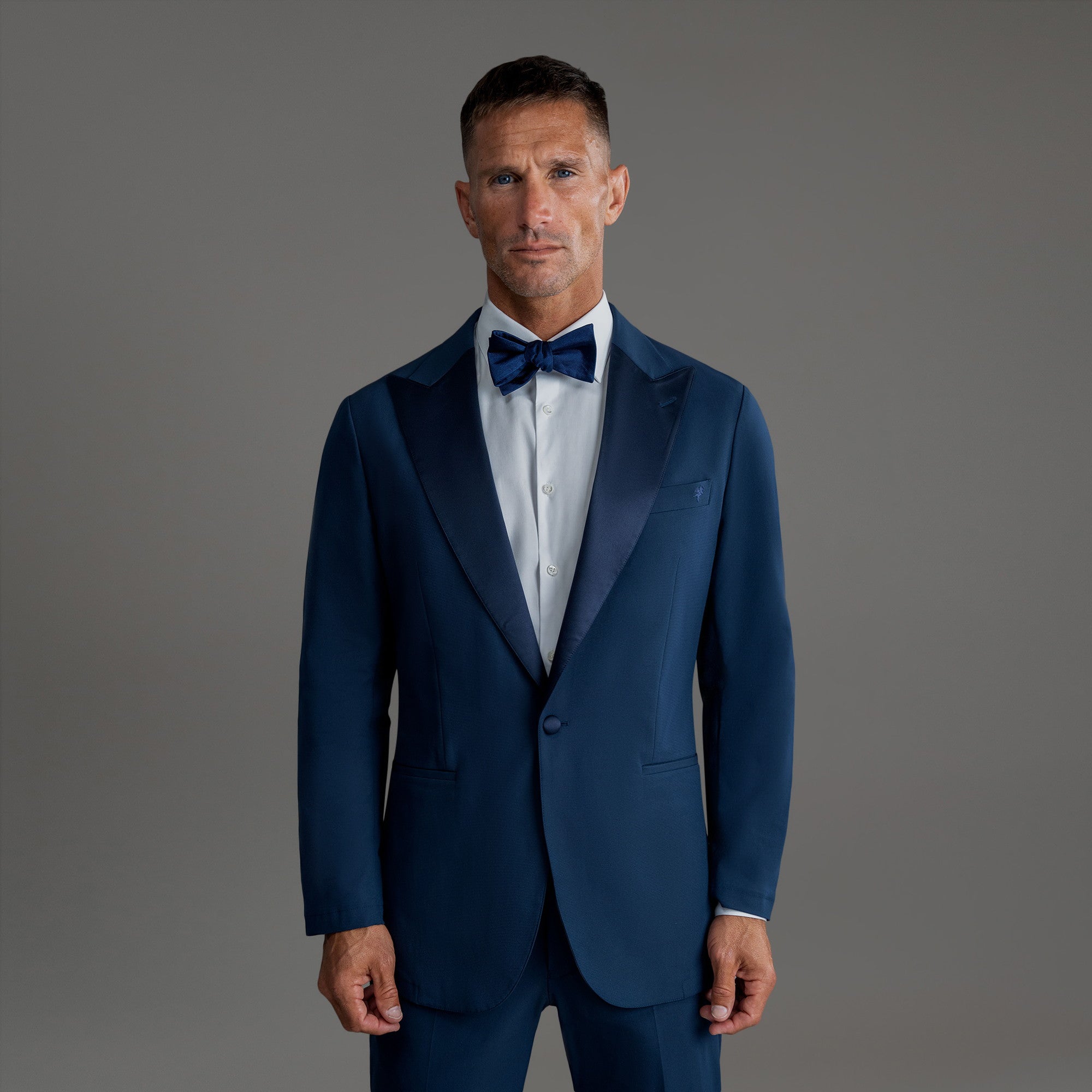 Custom Peak Lapel Tuxedo model Tyler in Navy