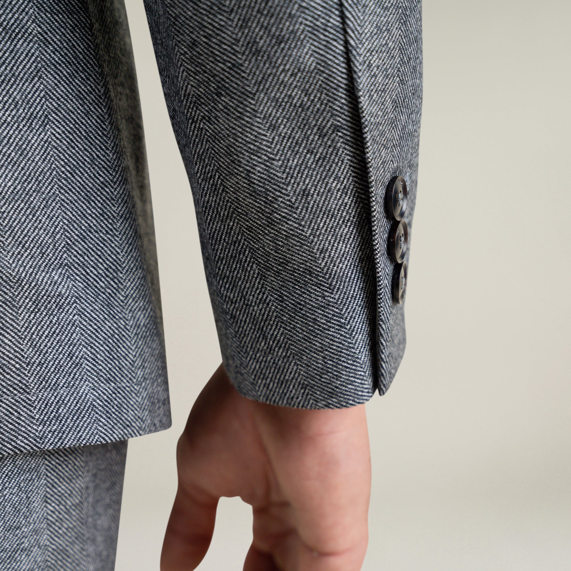 Tags:(6'1"|165) Custom Peak Lapel Tuxedo model Jessey in Gray Herringbone