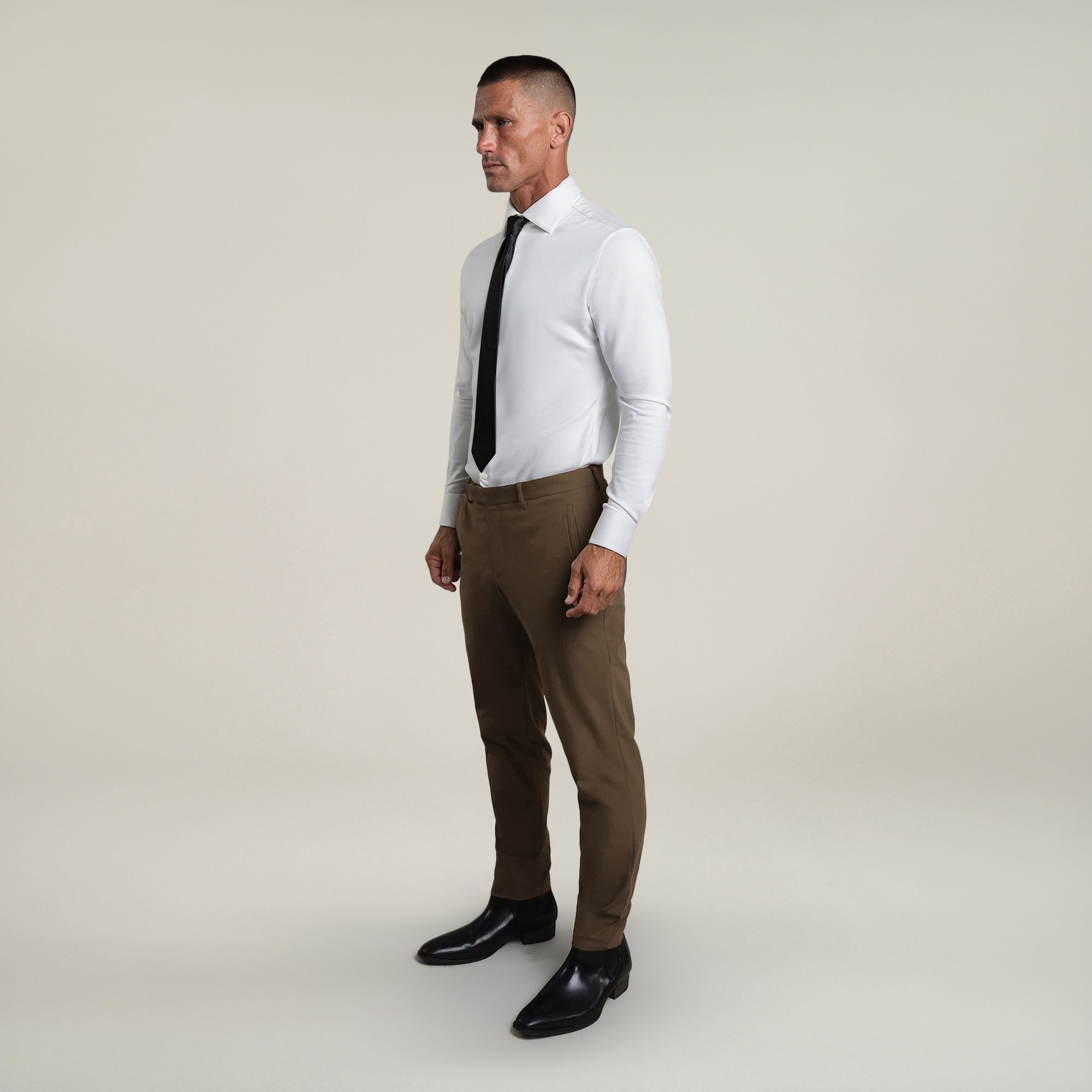 Tags:(6'0"|180 lbs) Bespoke custom athleisure technical men's suit los angeles model Tyler in Teak