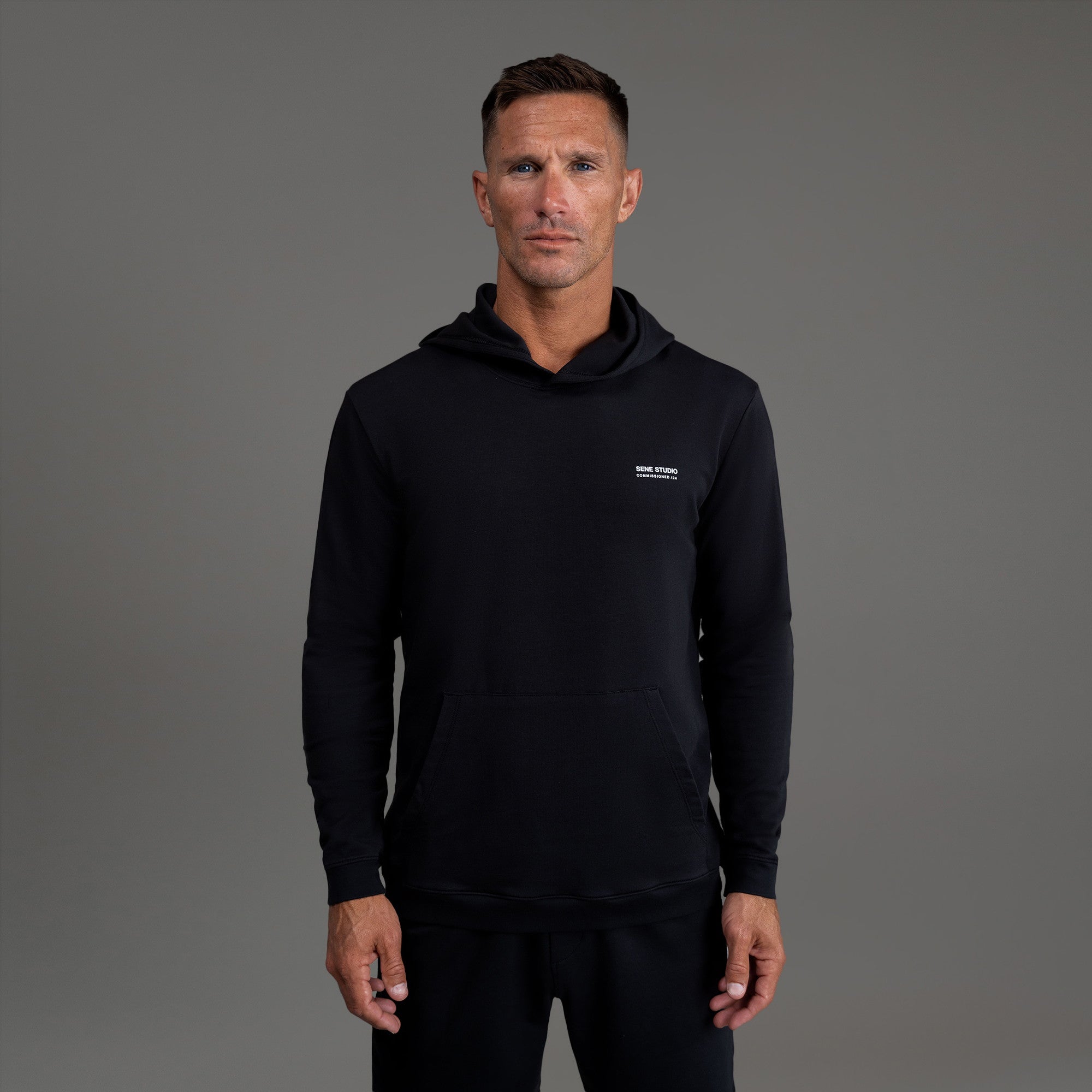 men's custom hoodie model Tyler in Black