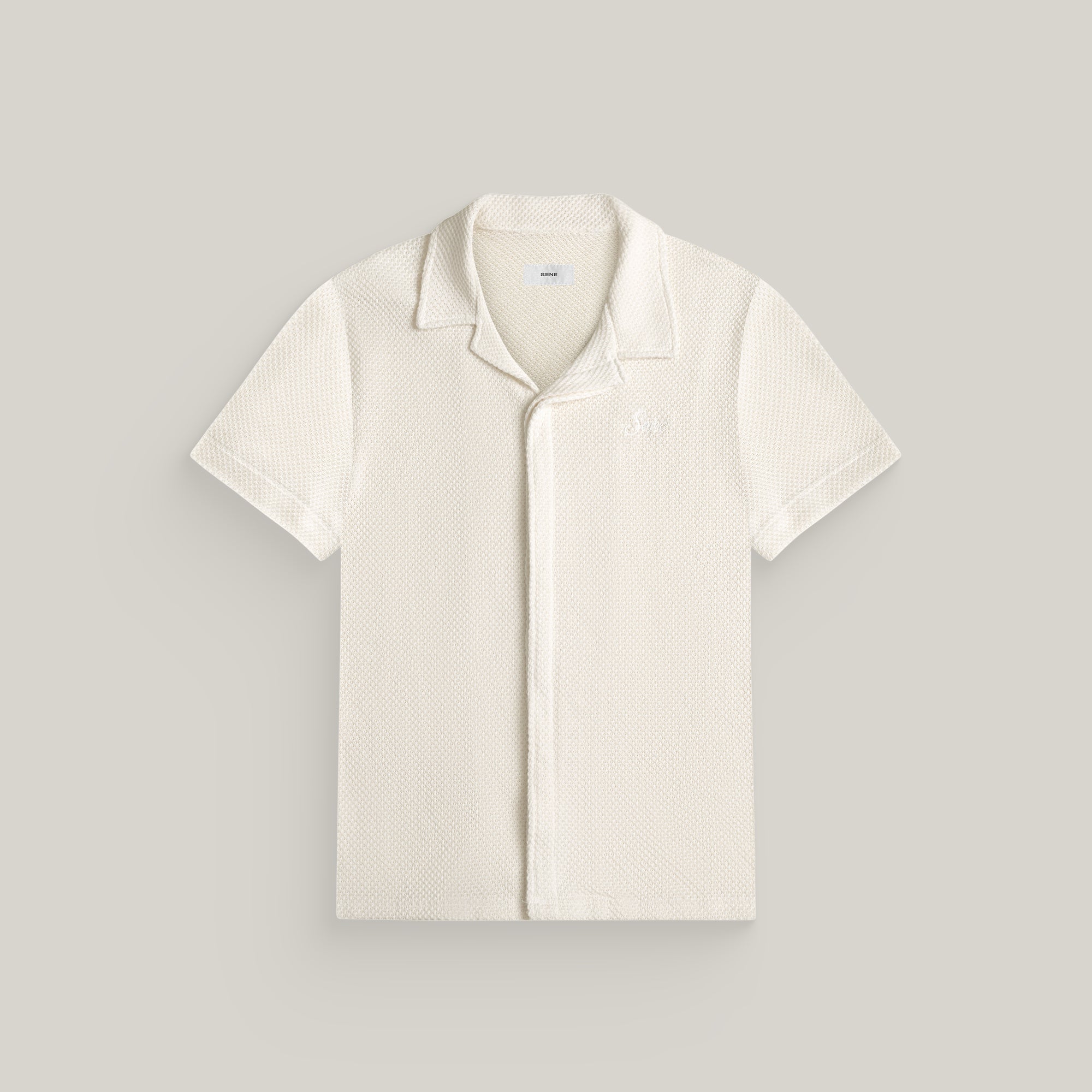 Tags:(6'0" - 180 lbs|Medium) Custom Knit Camp Shirt model Tyler in Cream