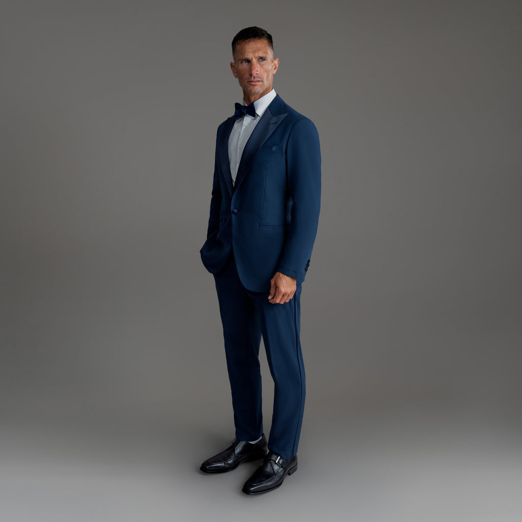 Custom Peak Lapel Tuxedo model Tyler in Navy