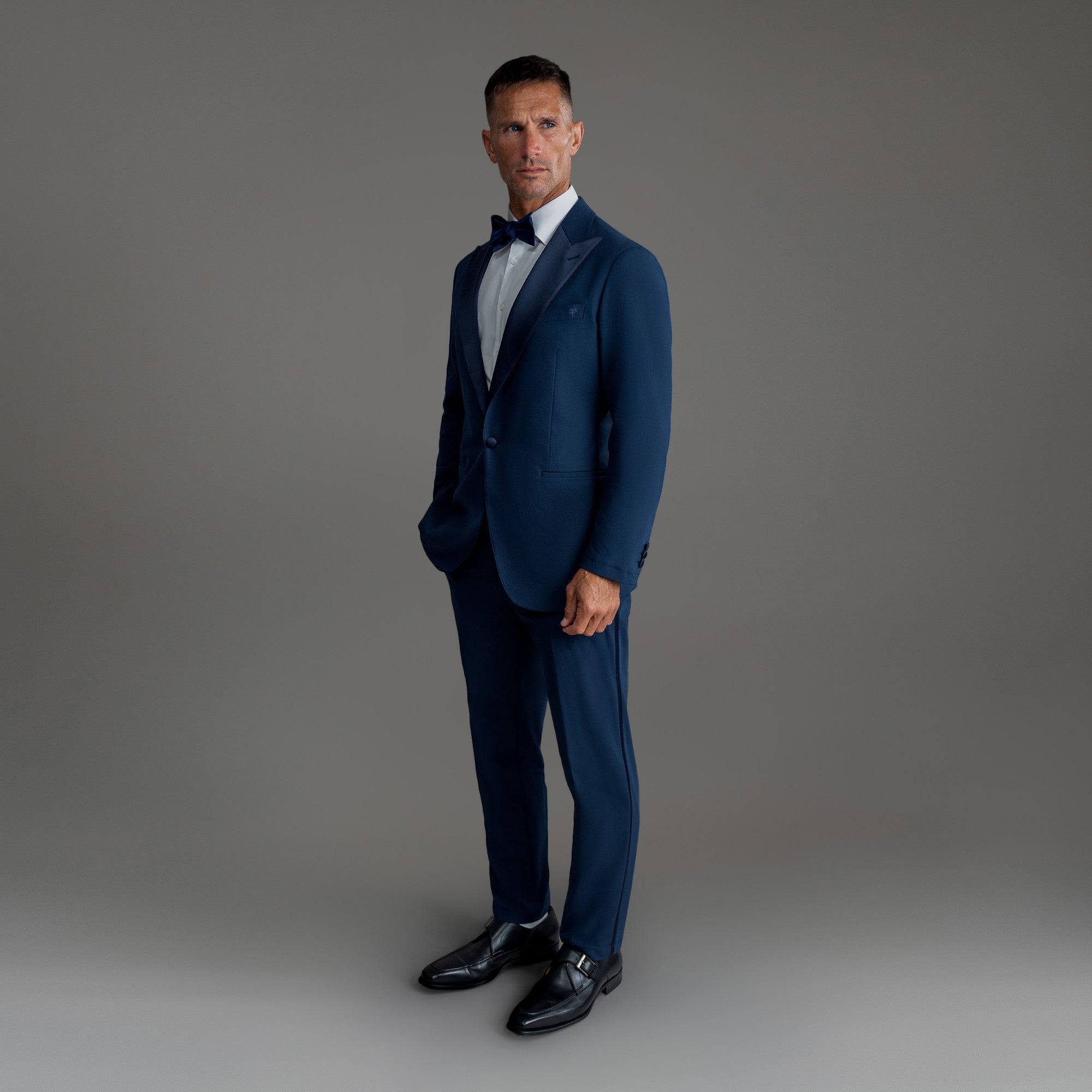 Custom Peak Lapel Tuxedo model Tyler in Navy