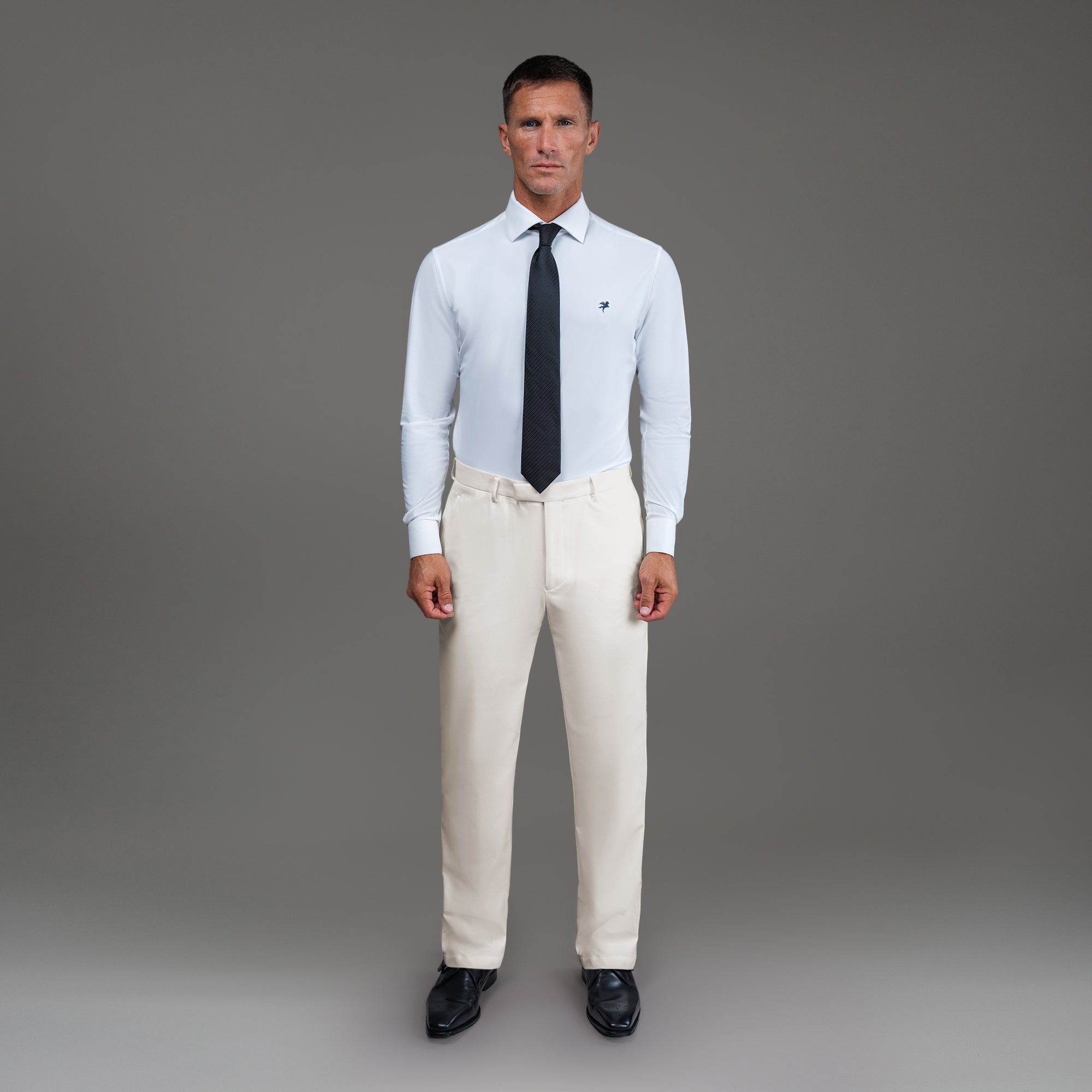 bespoke custom trousers pant chino performance technical model Tyler in Cream