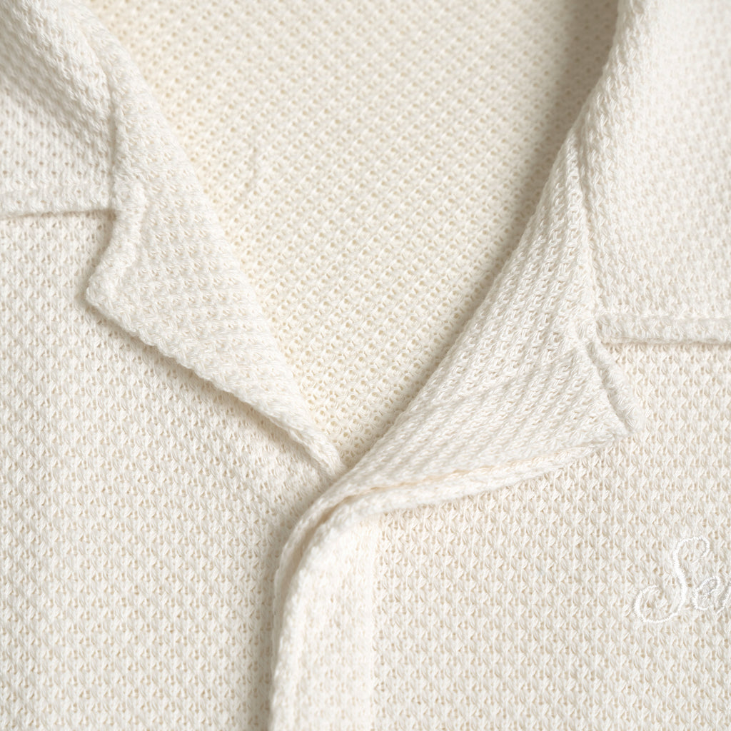 Tags:(6'0" - 180 lbs|Medium) Custom Knit Camp Shirt model Tyler in Cream