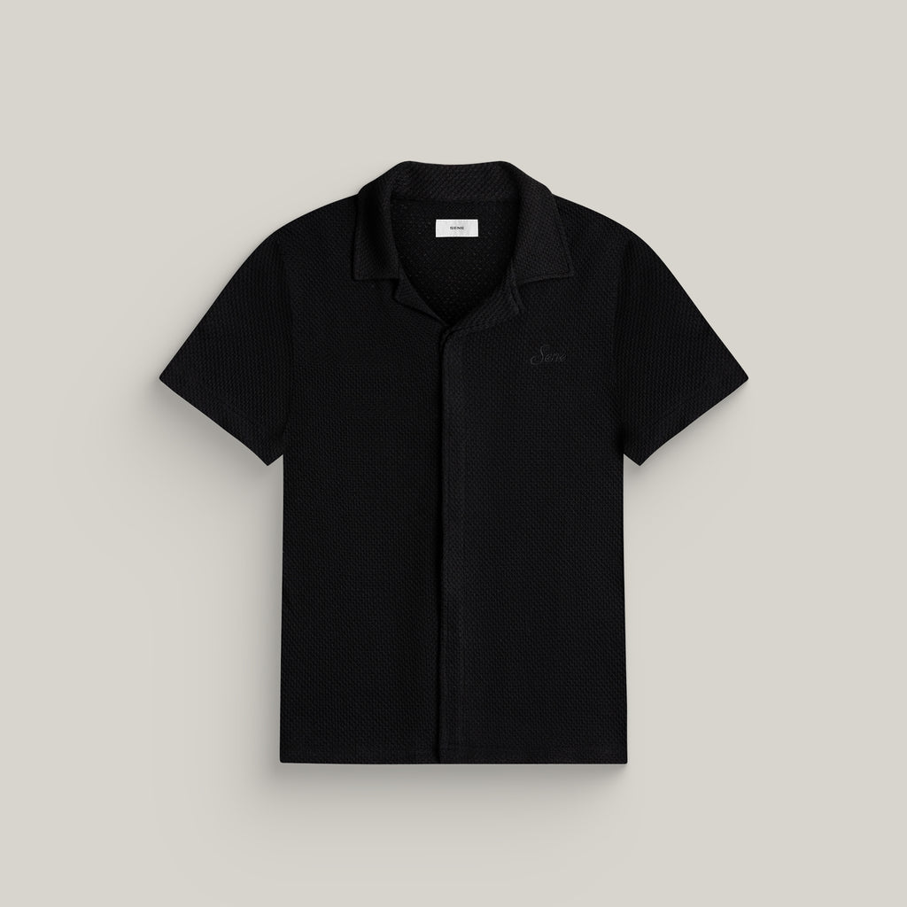 Tags:(6'0" - 180 lbs|Medium) Custom Knit Camp Shirt model Tyler in Black