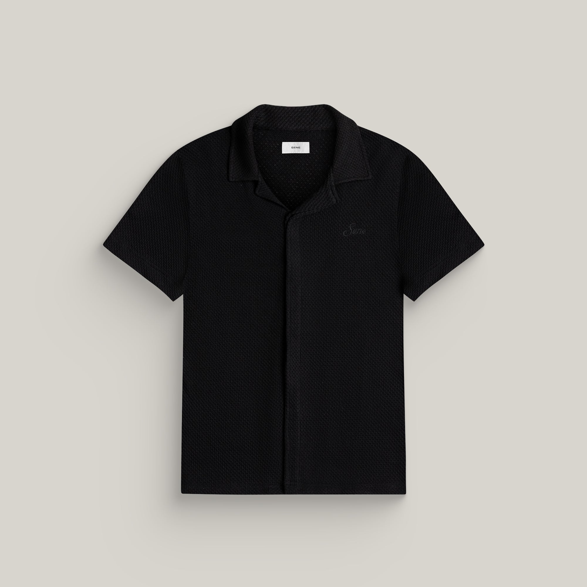 Tags:(6'0" - 180 lbs|Medium) Custom Knit Camp Shirt model Tyler in Black