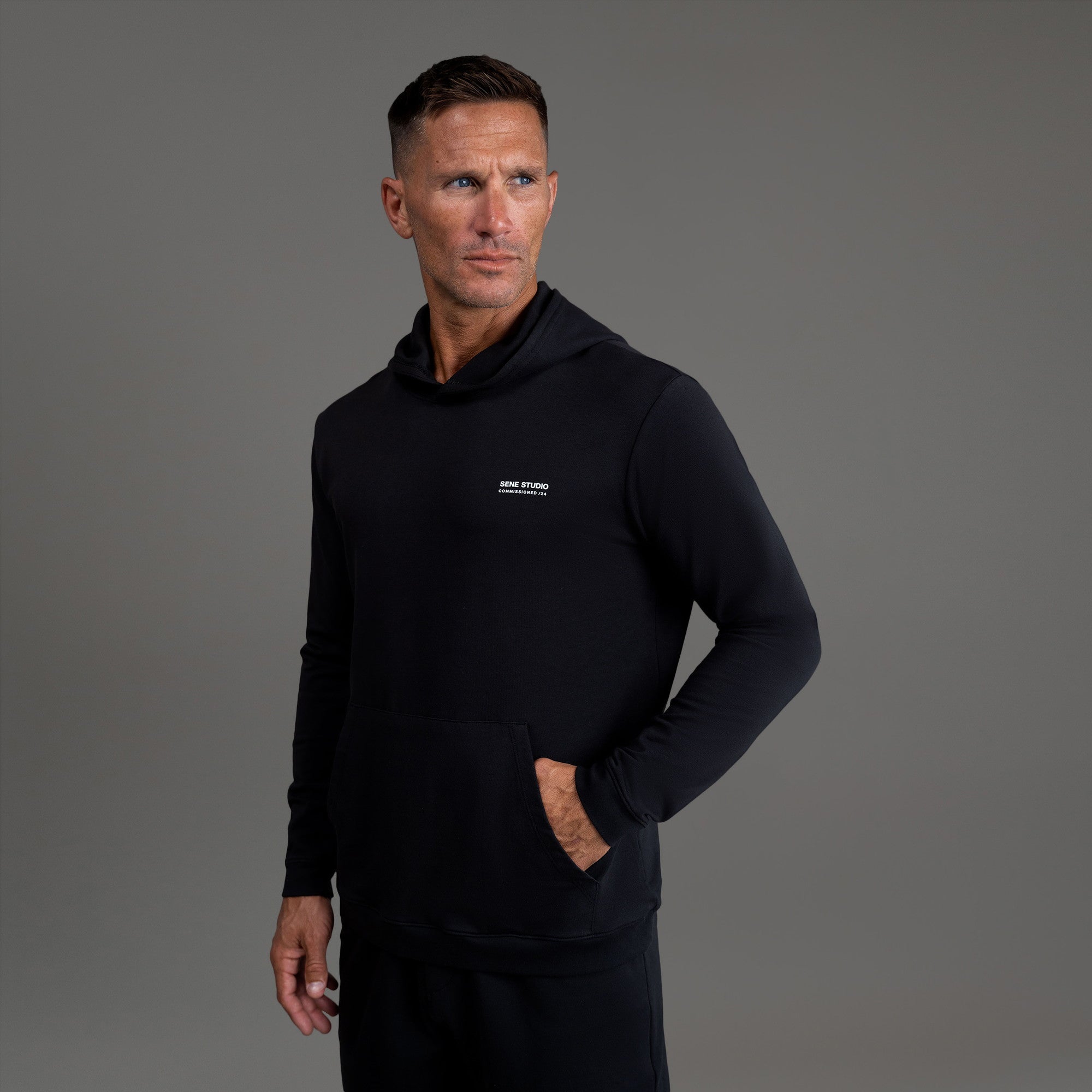 men's custom hoodie model Tyler in Black