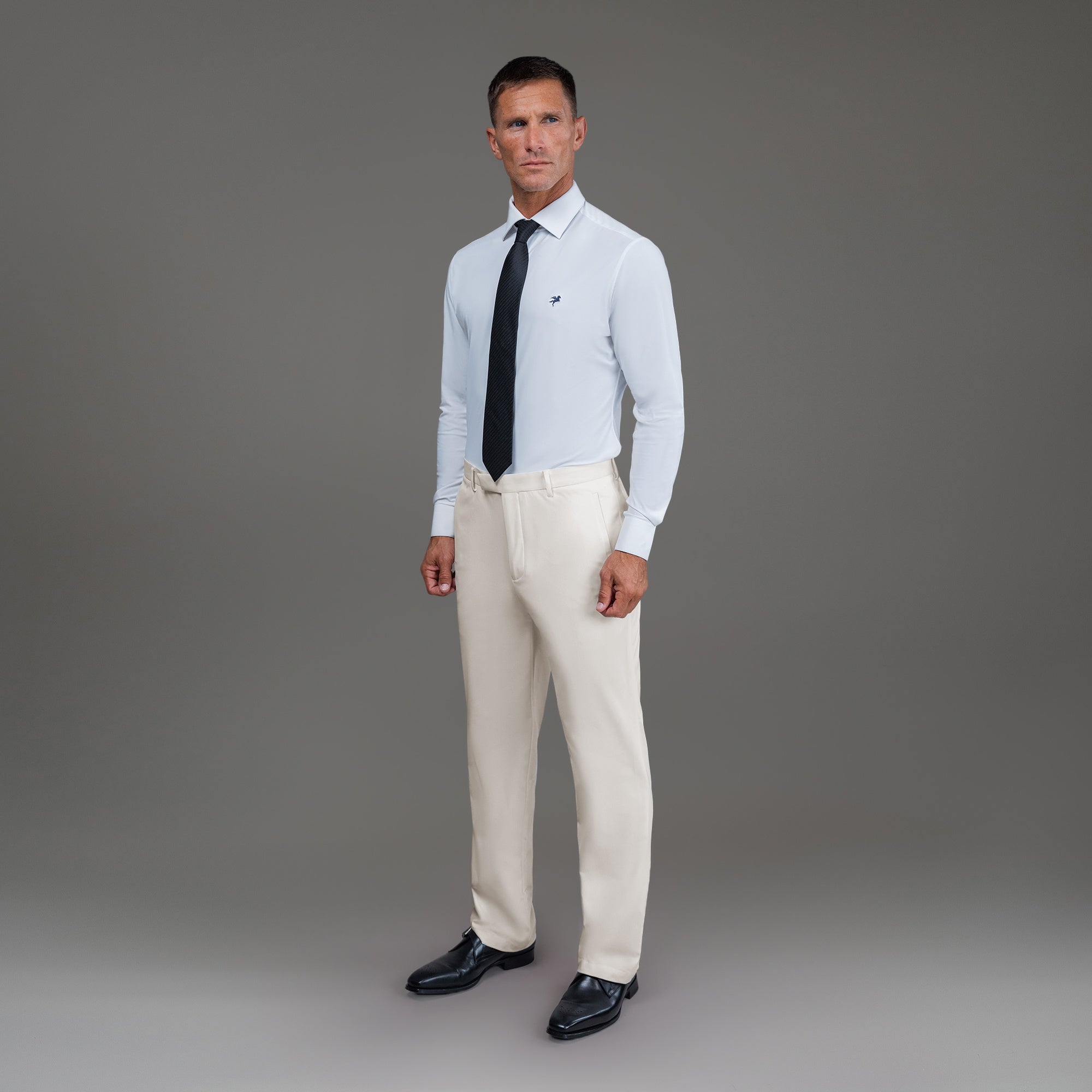 bespoke custom trousers pant chino performance technical model Tyler in Cream