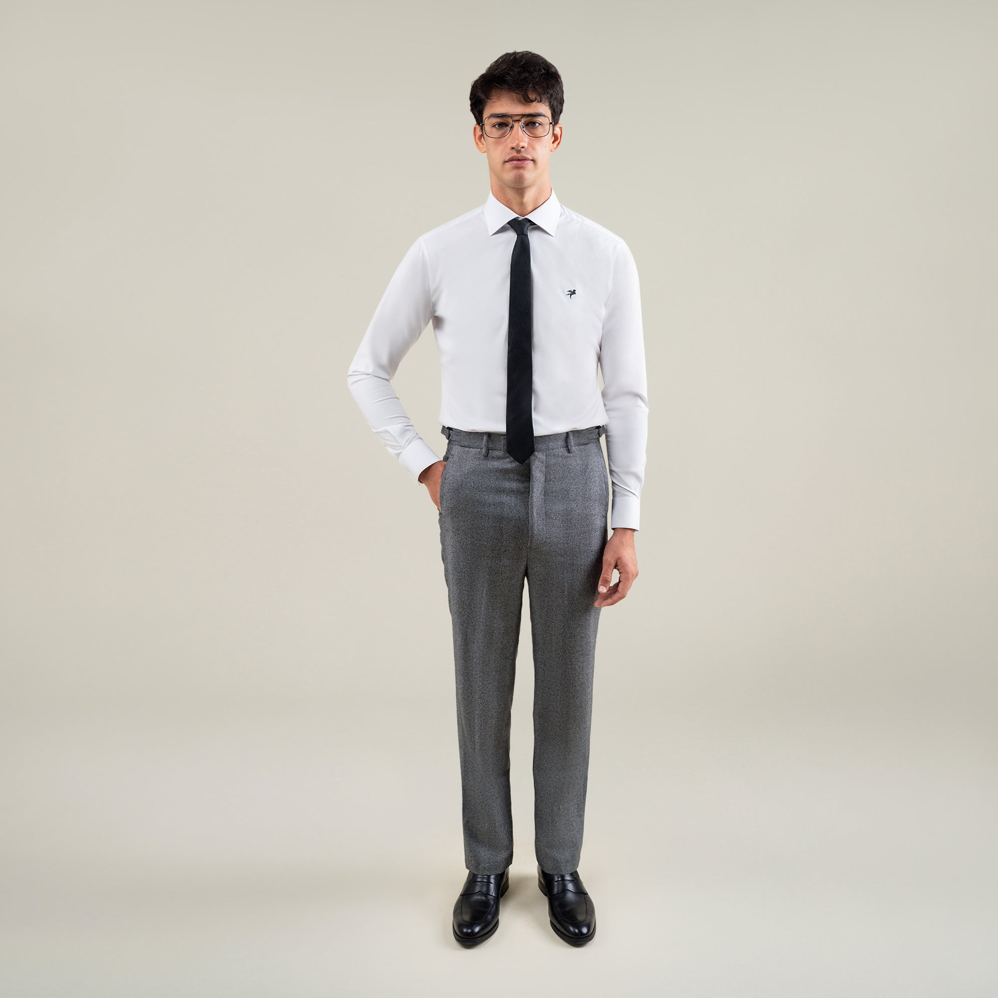 Tags:(6'1"|165) Custom Peak Lapel Tuxedo model Jessey in Gray Herringbone