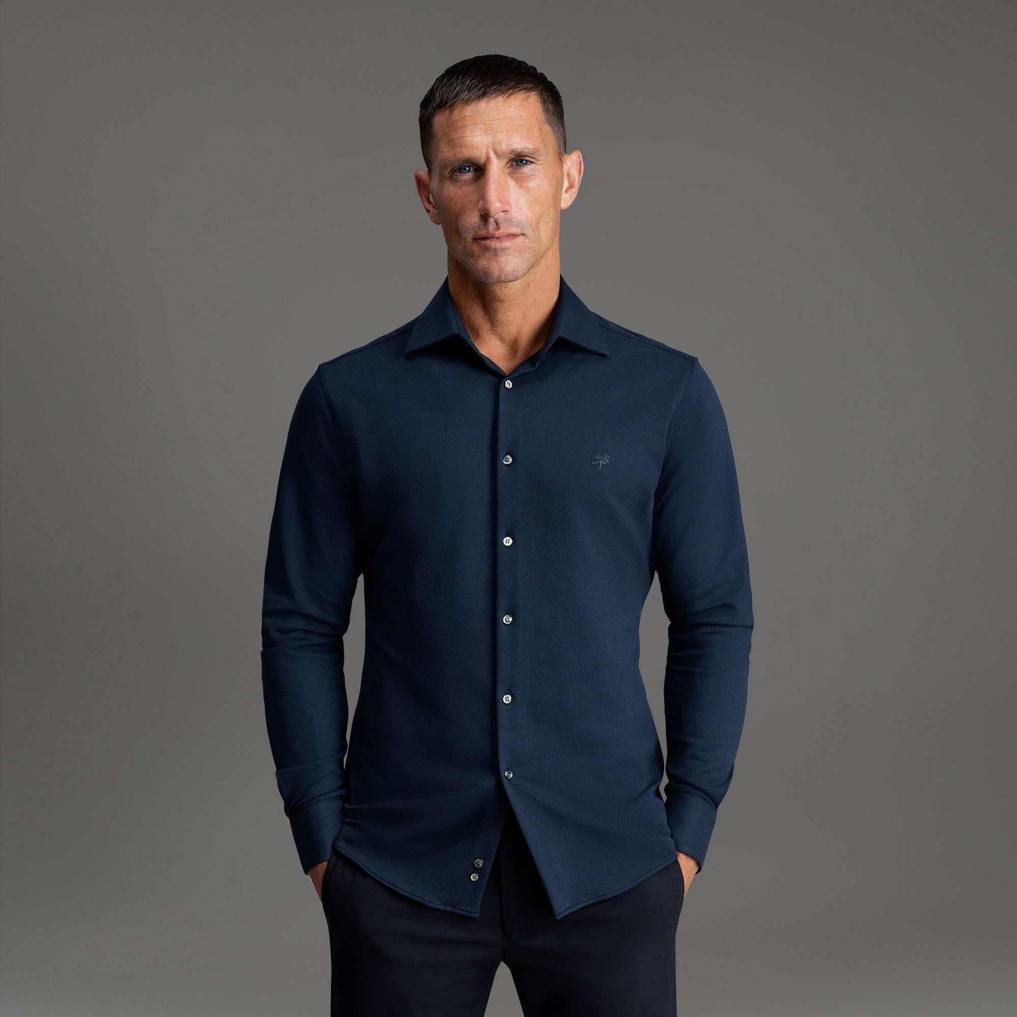 Custom Bespoke Tailored Spread Shirt model Tyler in Navy Emblem