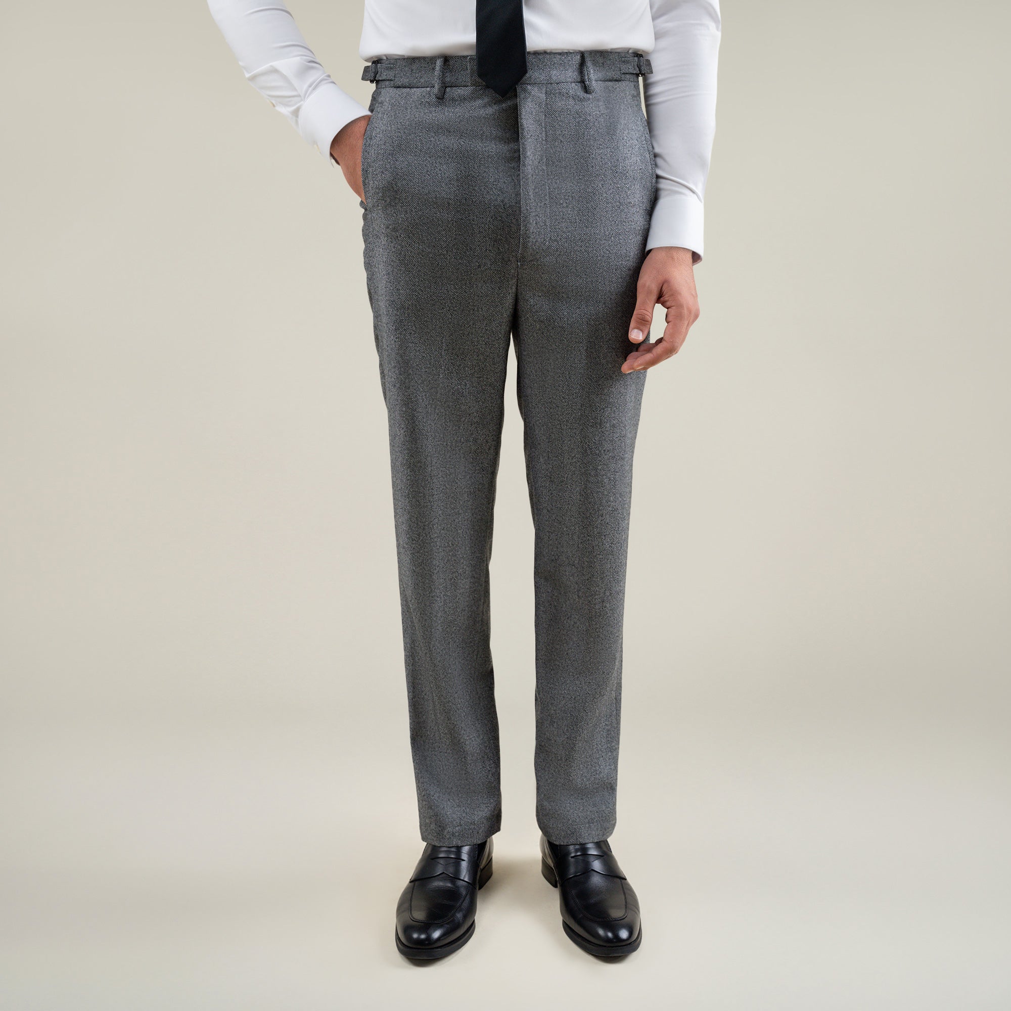 Tags:(6'1"|165) Custom Peak Lapel Tuxedo model Jessey in Gray Herringbone