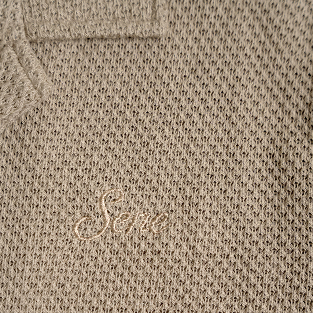 Tags:(6'0" - 180 lbs|Medium) Custom Knit Camp Shirt model Tyler in Khaki