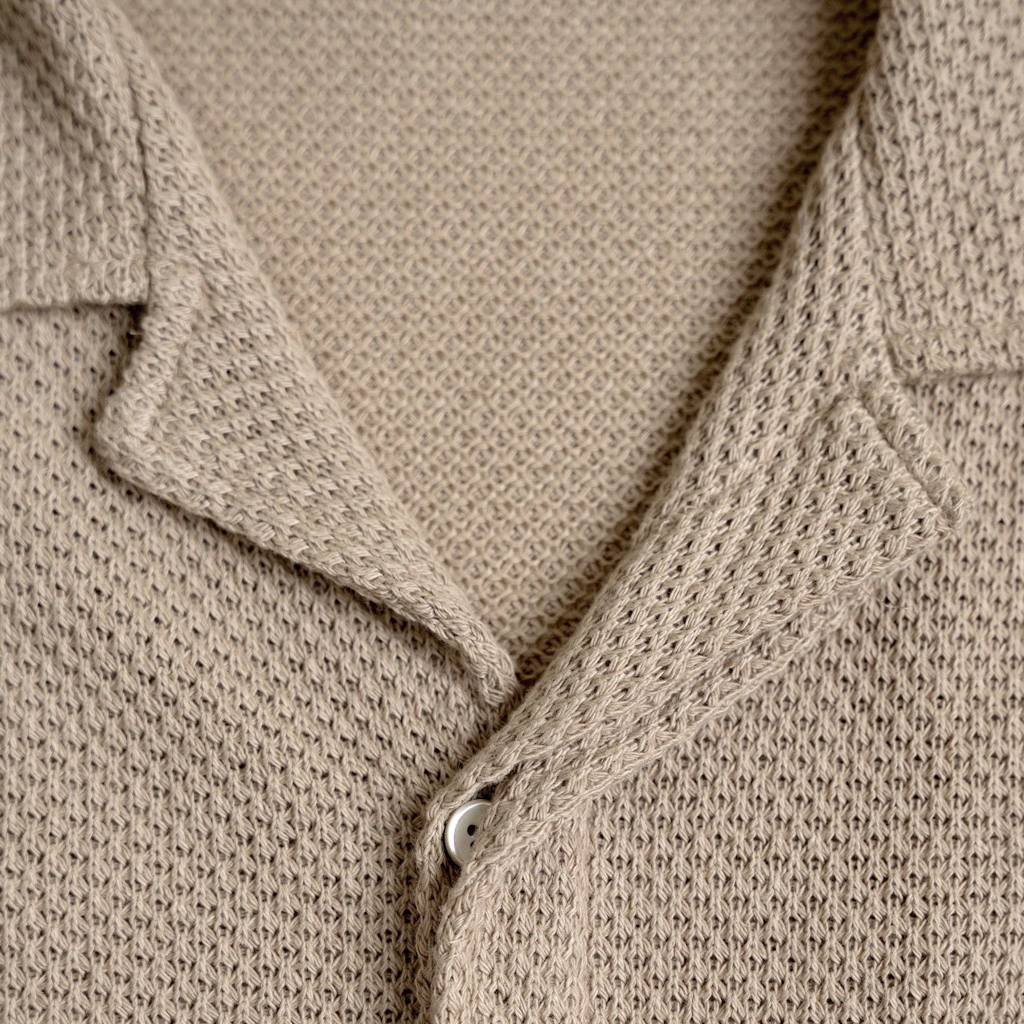 Tags:(6'0" - 180 lbs|Medium) Custom Knit Camp Shirt model Tyler in Khaki