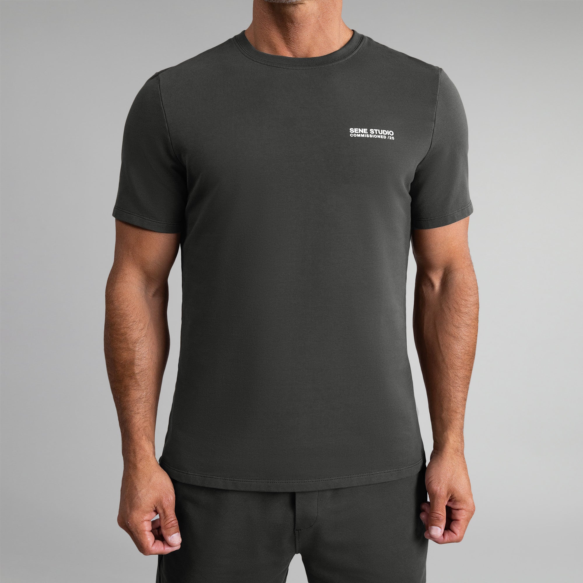 Tags:(6'0" - 180 lbs|Medium) custom t-shirt tee model Tyler in Smoke