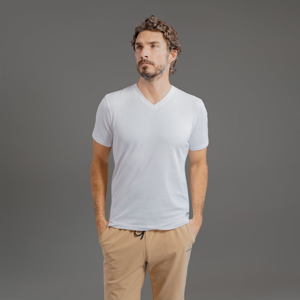 custom v-neck t-shirt los angeles model John in White