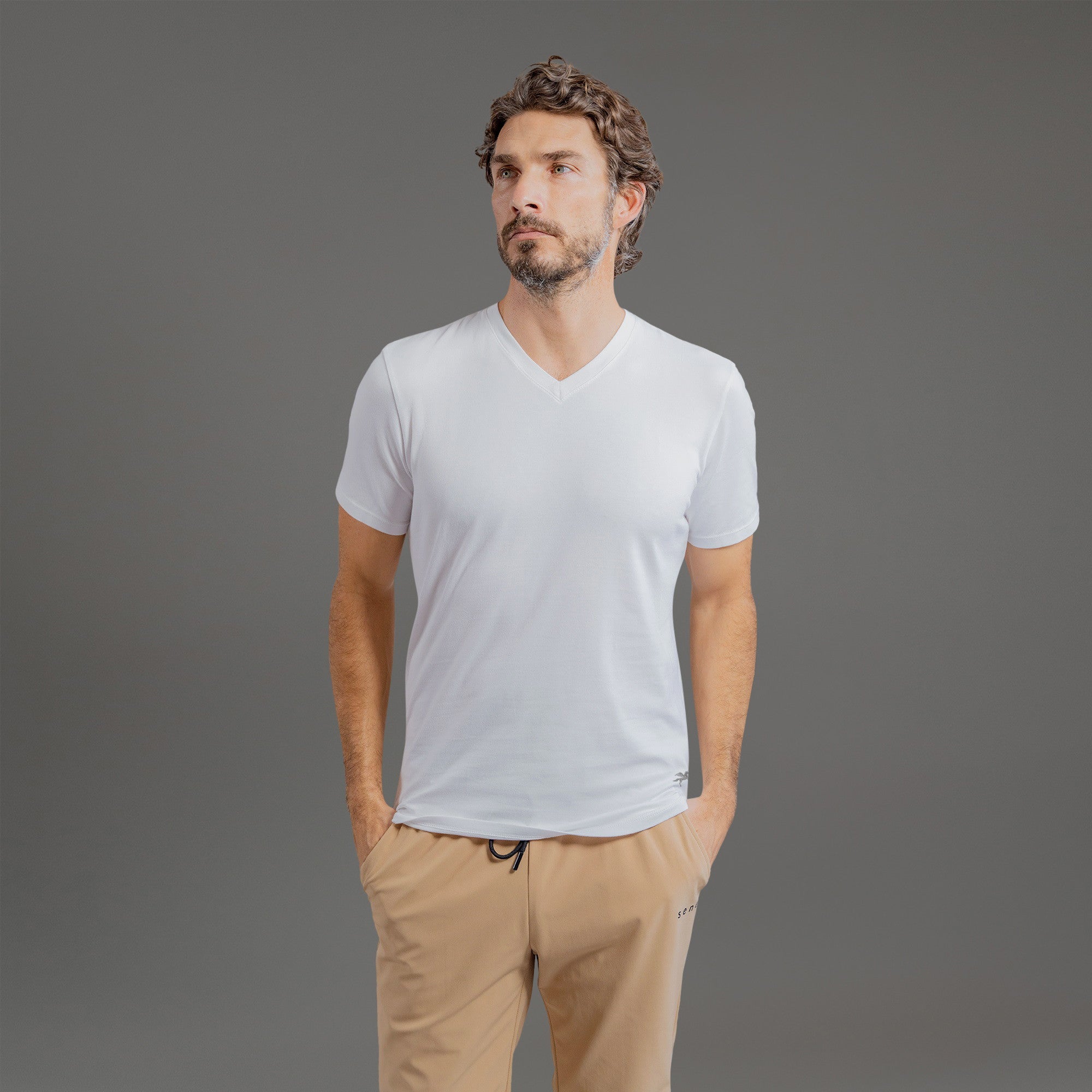 custom v-neck t-shirt los angeles model John in White