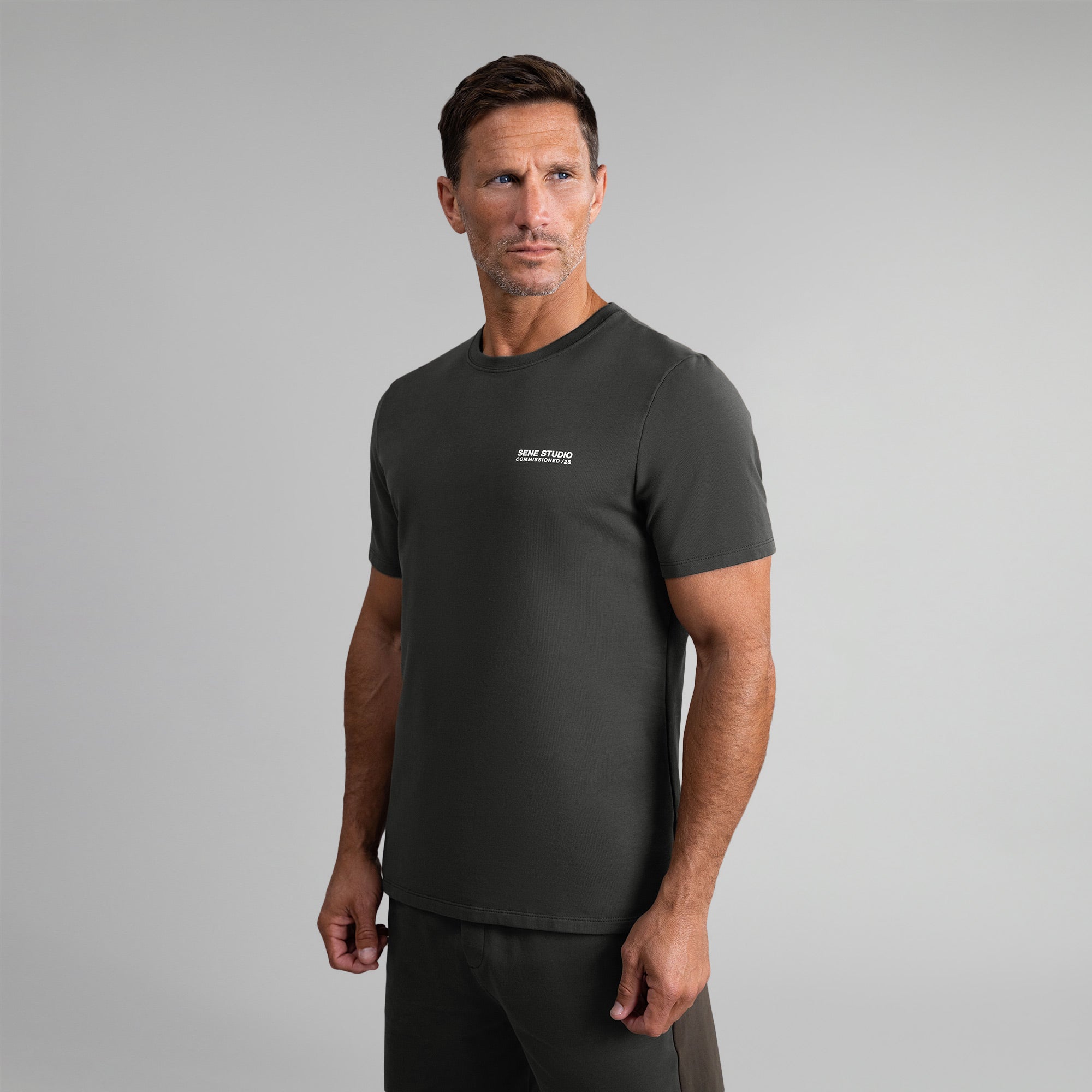 Tags:(6'0" - 180 lbs|Medium) custom t-shirt tee model Tyler in Smoke