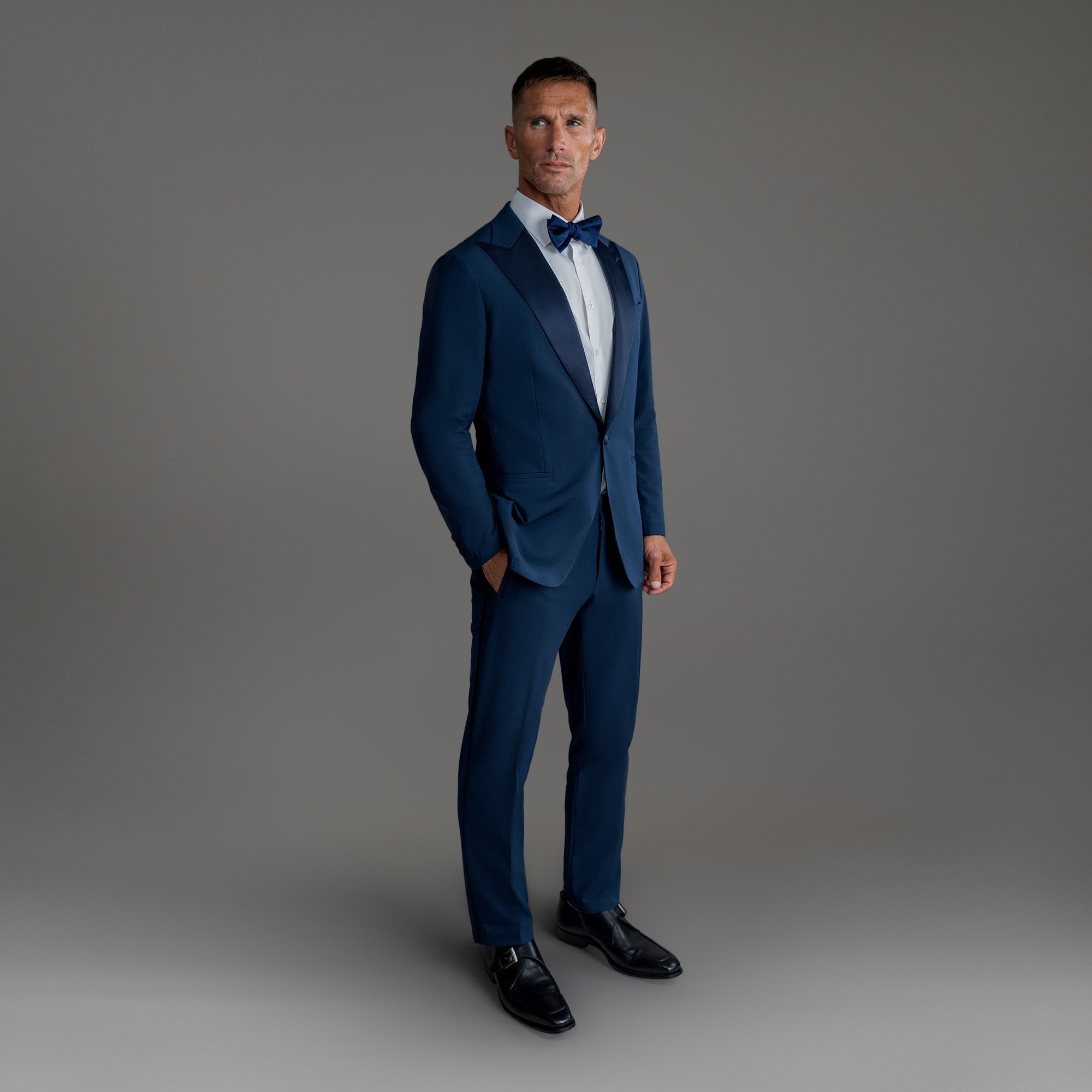 Custom Peak Lapel Tuxedo model Tyler in Navy