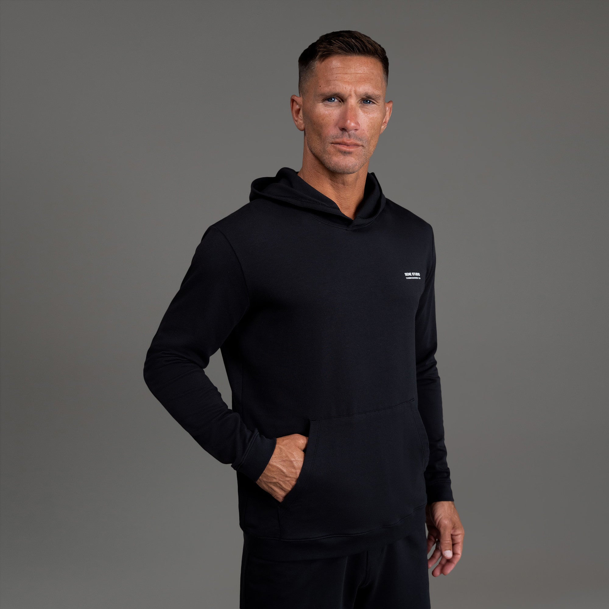 men's custom hoodie model Tyler in Black