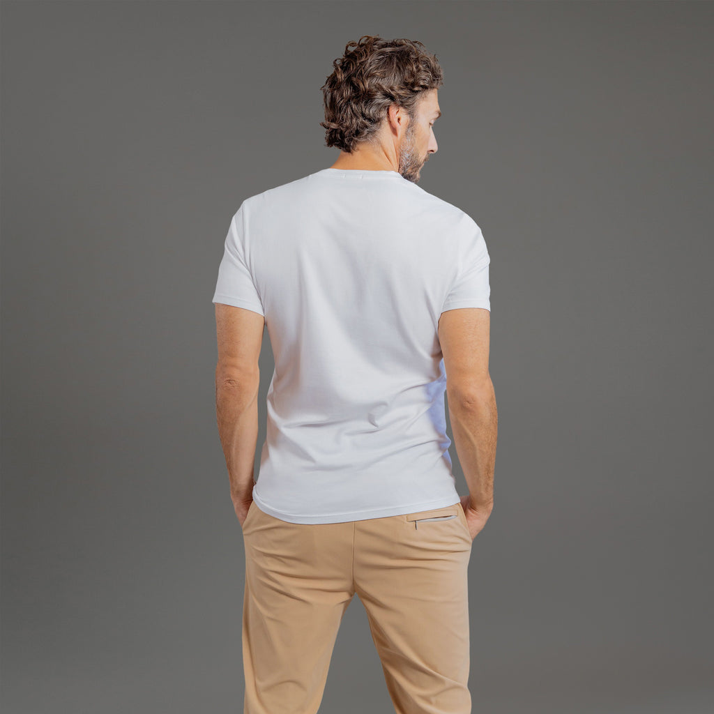 custom v-neck t-shirt los angeles model John in White