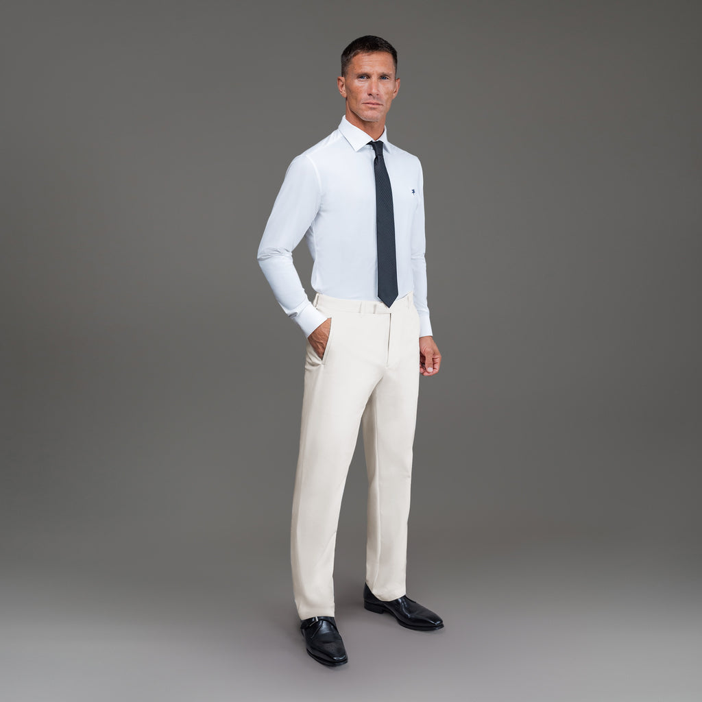 bespoke custom trousers pant chino performance technical model Tyler in Cream