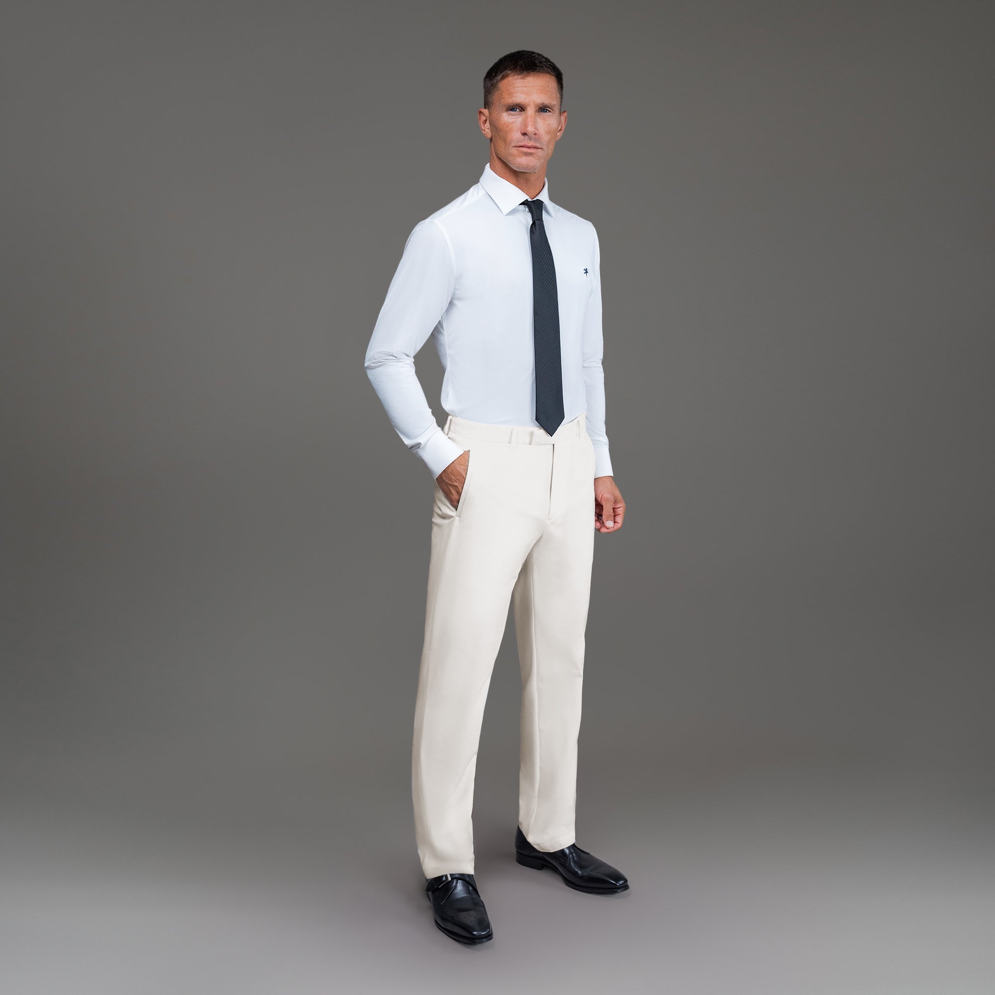 bespoke custom trousers pant chino performance technical model Tyler in Cream