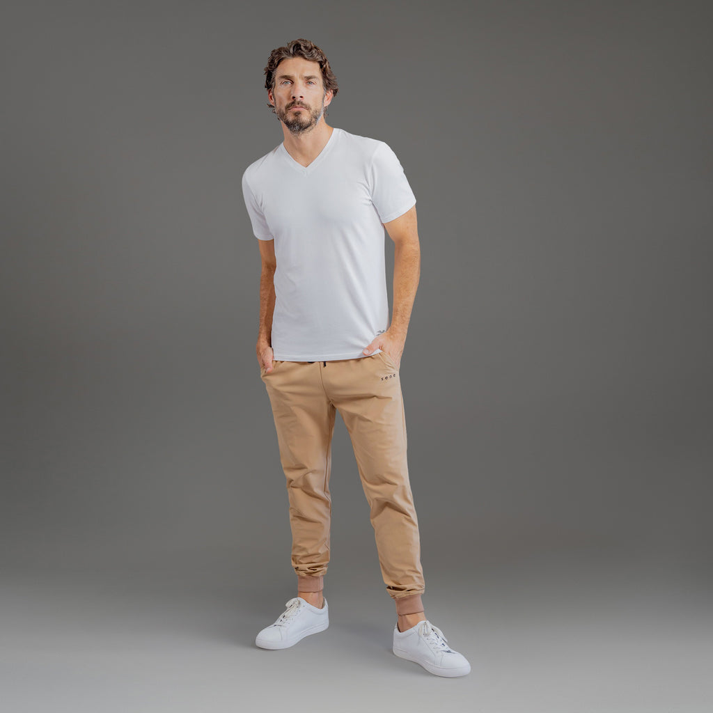 custom v-neck t-shirt los angeles model John in White