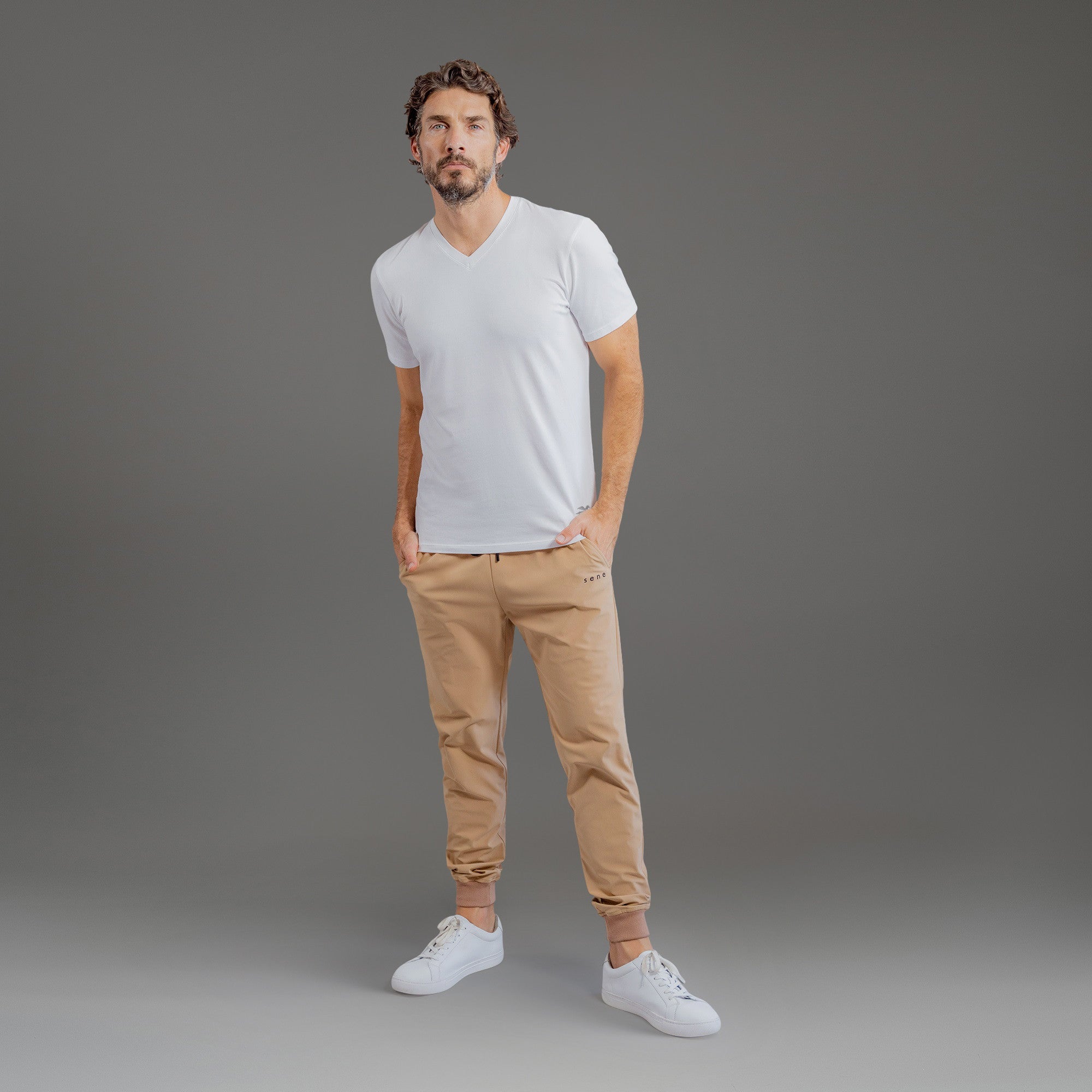 custom v-neck t-shirt los angeles model John in White