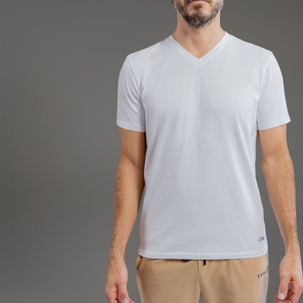 custom v-neck t-shirt los angeles model John in White